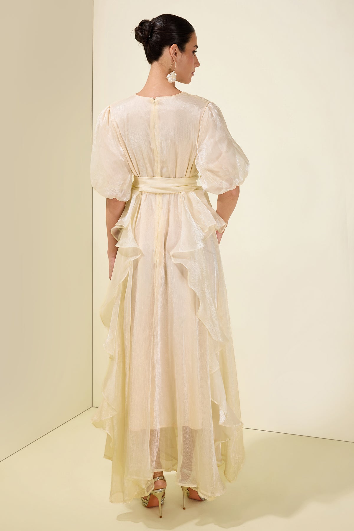 Rhinestone Rivets Ruffle Puff Sleeve Maxi Dress