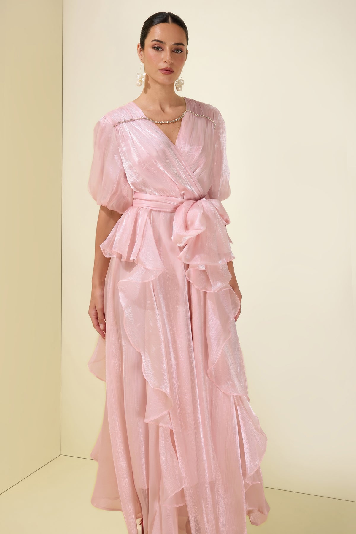Rhinestone Rivets Ruffle Puff Sleeve Maxi Dress
