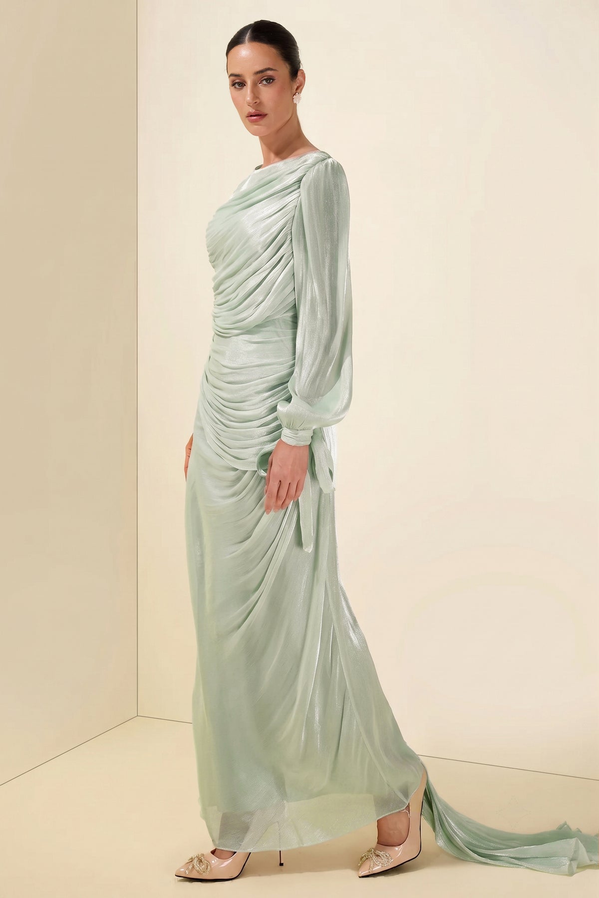 Gathering Lantern Sleeve Lace-Up Maxi Dress