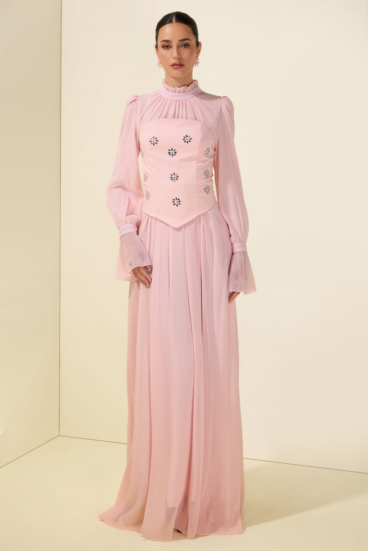 Stand Collar Puff Sleeve Removable Corset Midi Dress