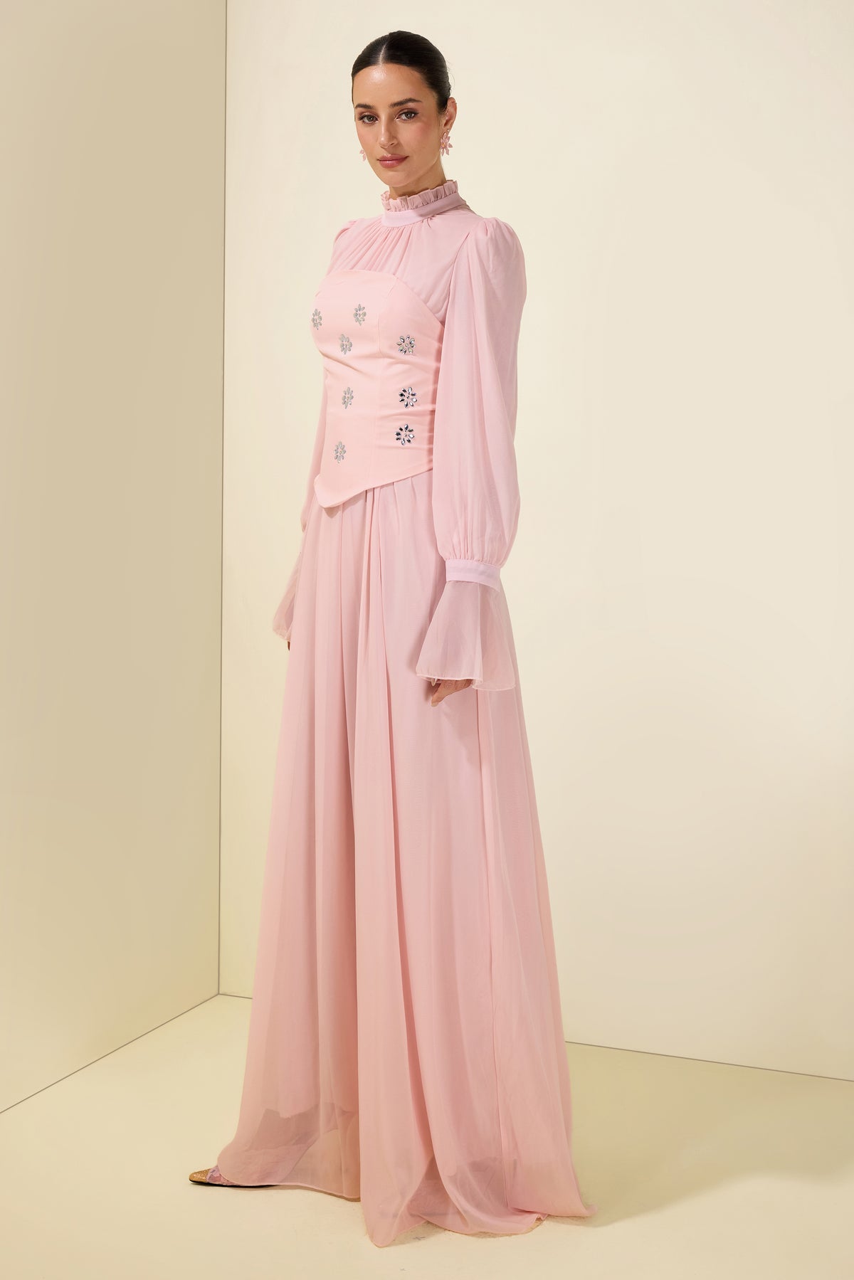Stand Collar Puff Sleeve Removable Corset Midi Dress