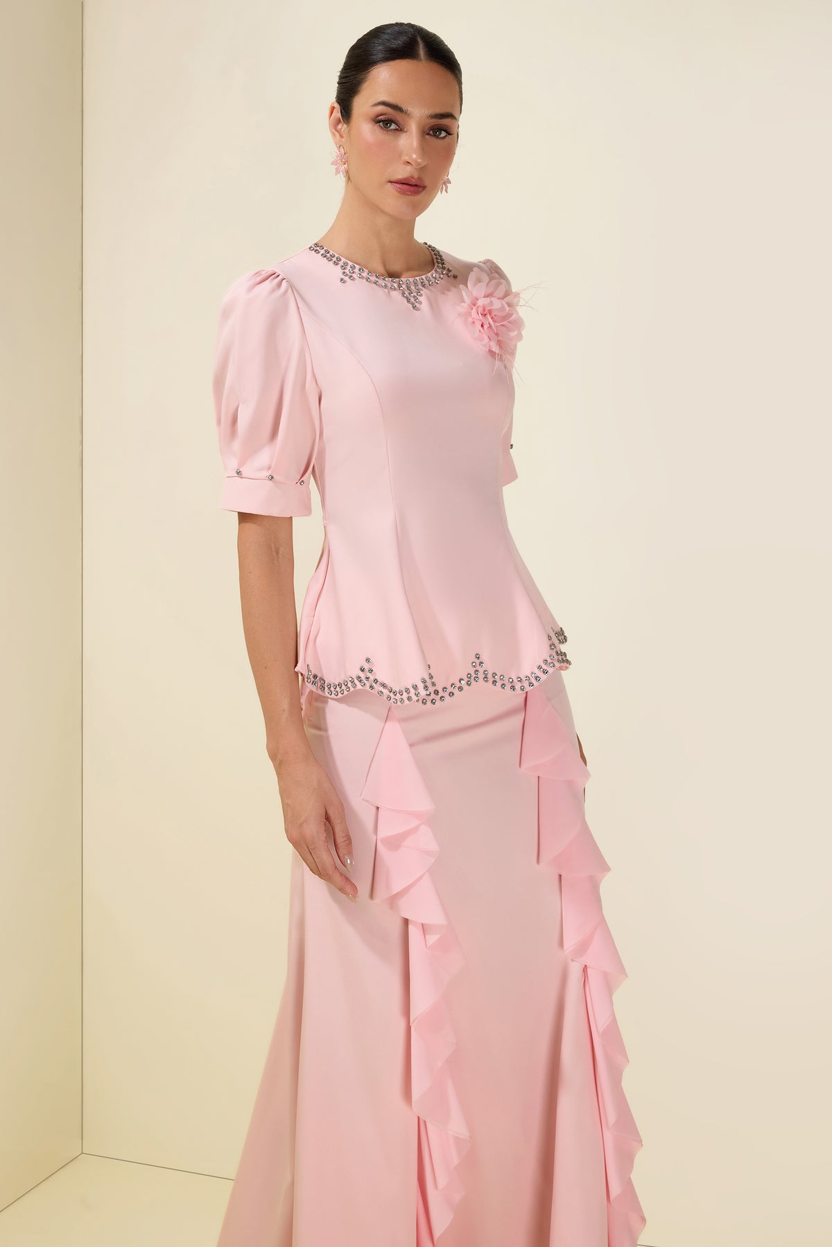 3D Flower Rhinestone Rivets Top & Frill Midi Skirt Set