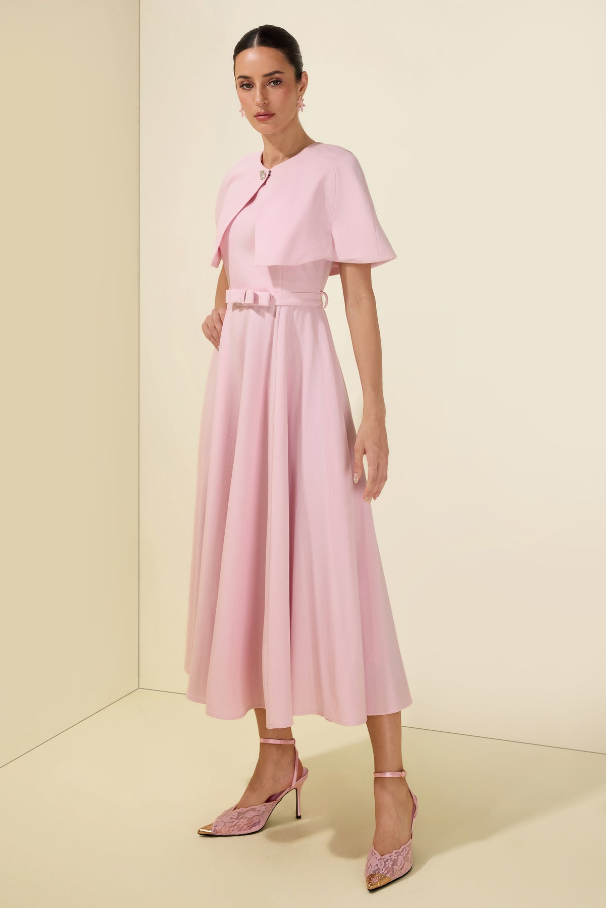 Cloak Sleeveless With Belt Capelet Midi Dress