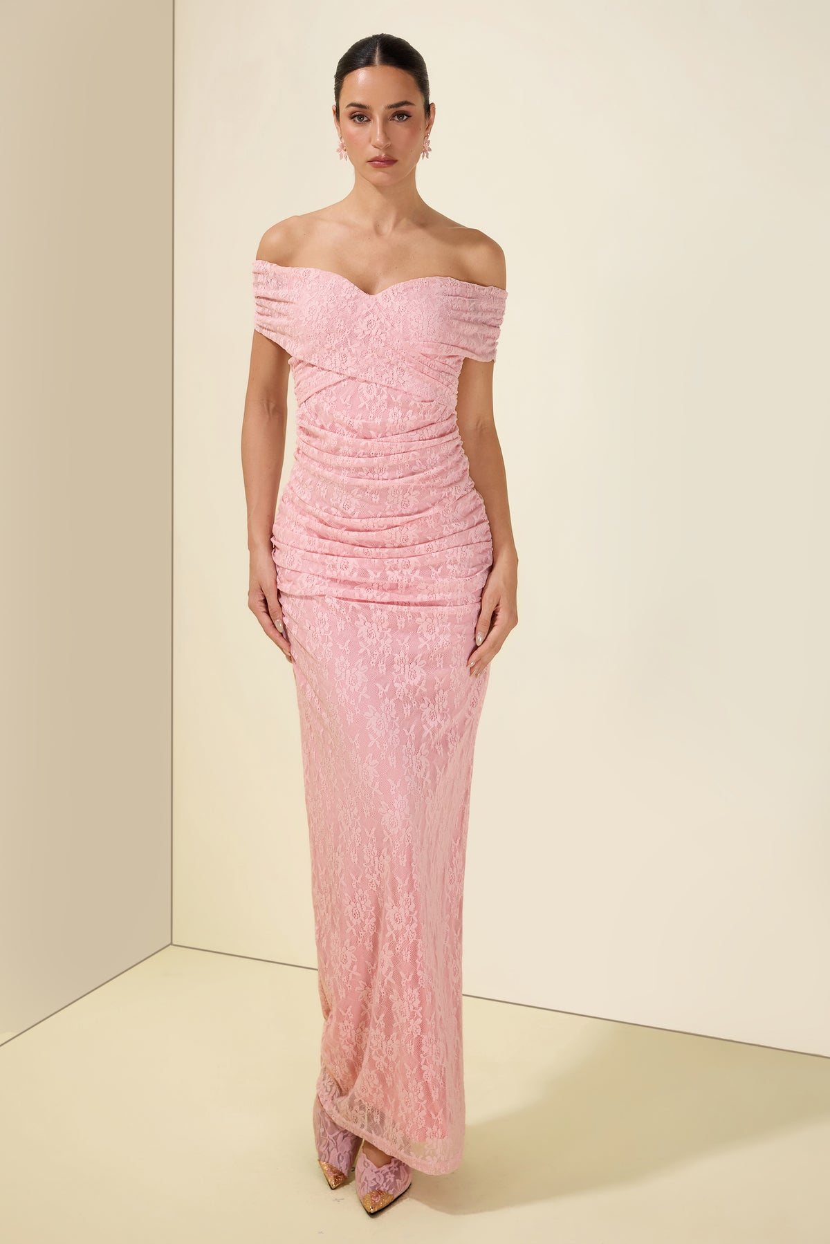 Lace Off Shoulder Gathering Midi Dress