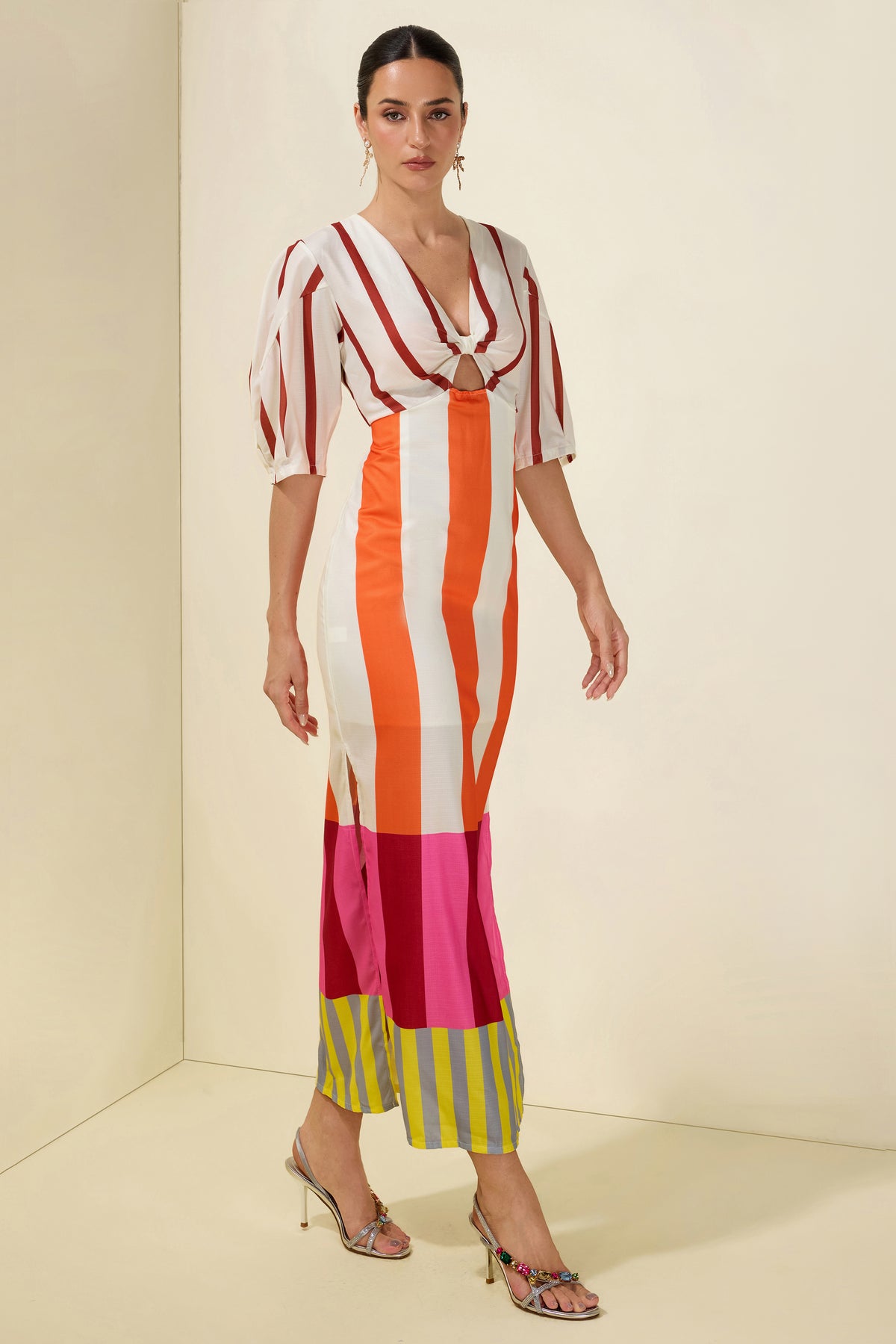 Stripe Knotted Mid Sleeve Midi Dress
