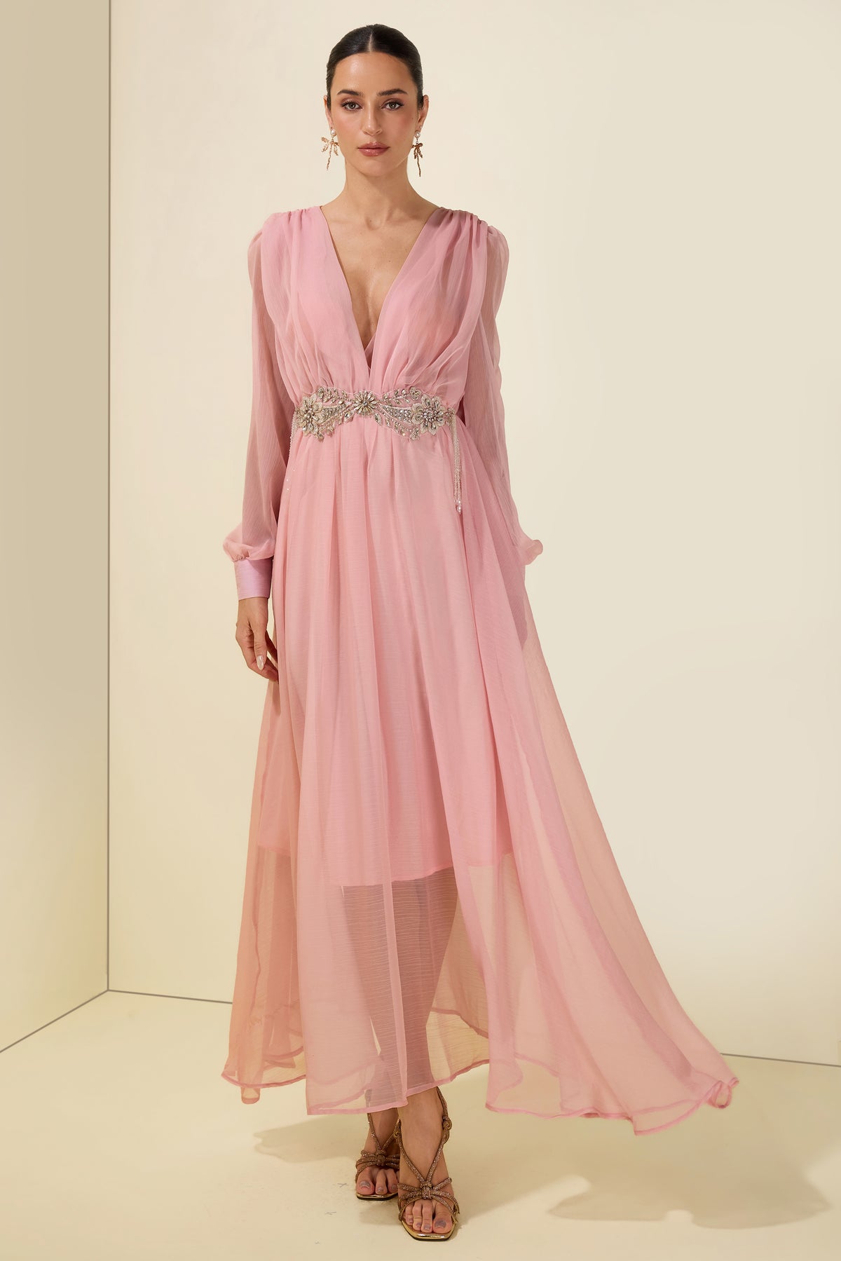 Rhinestone Rivets Beaded V-Neck Midi Dress
