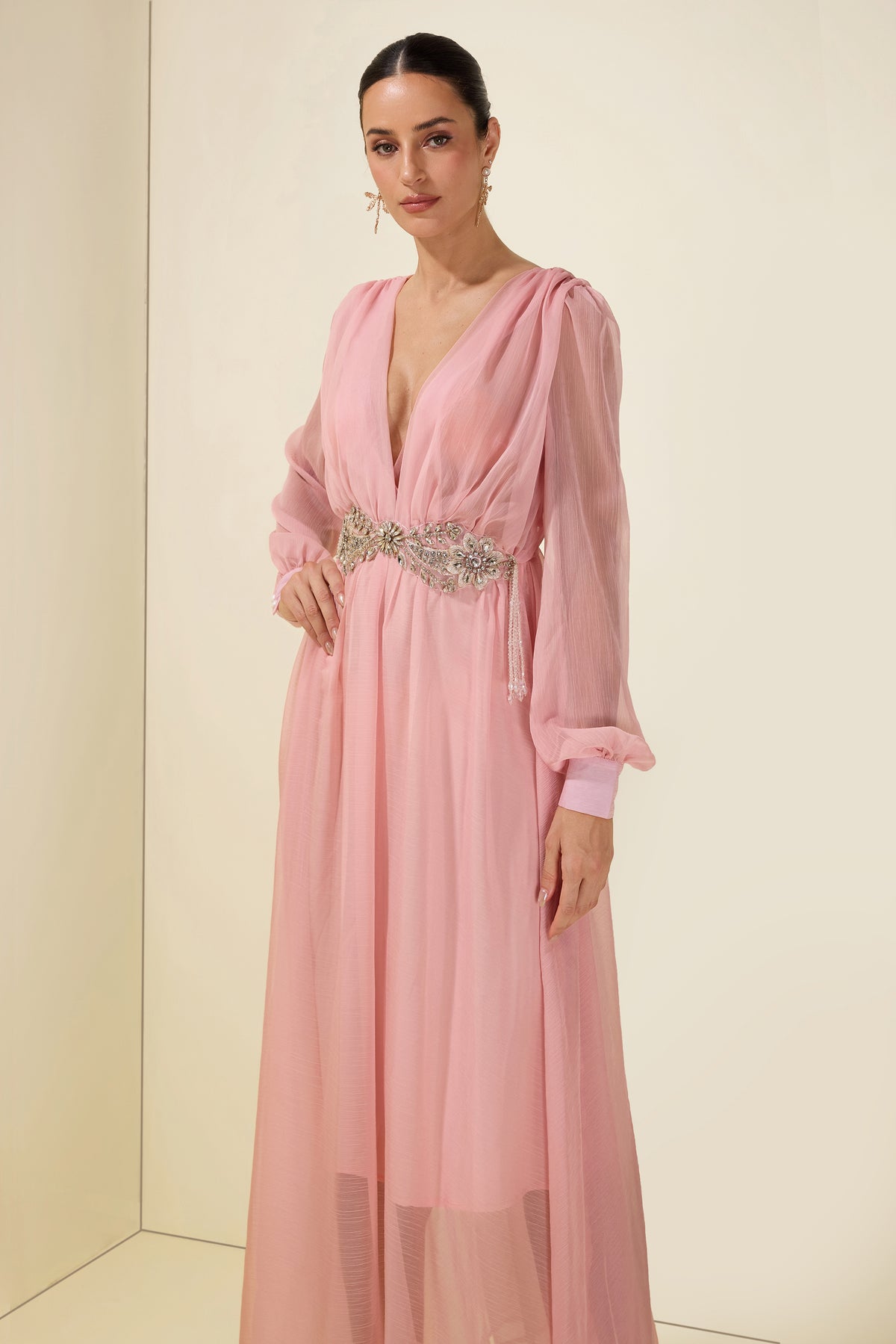 Rhinestone Rivets Beaded V-Neck Midi Dress
