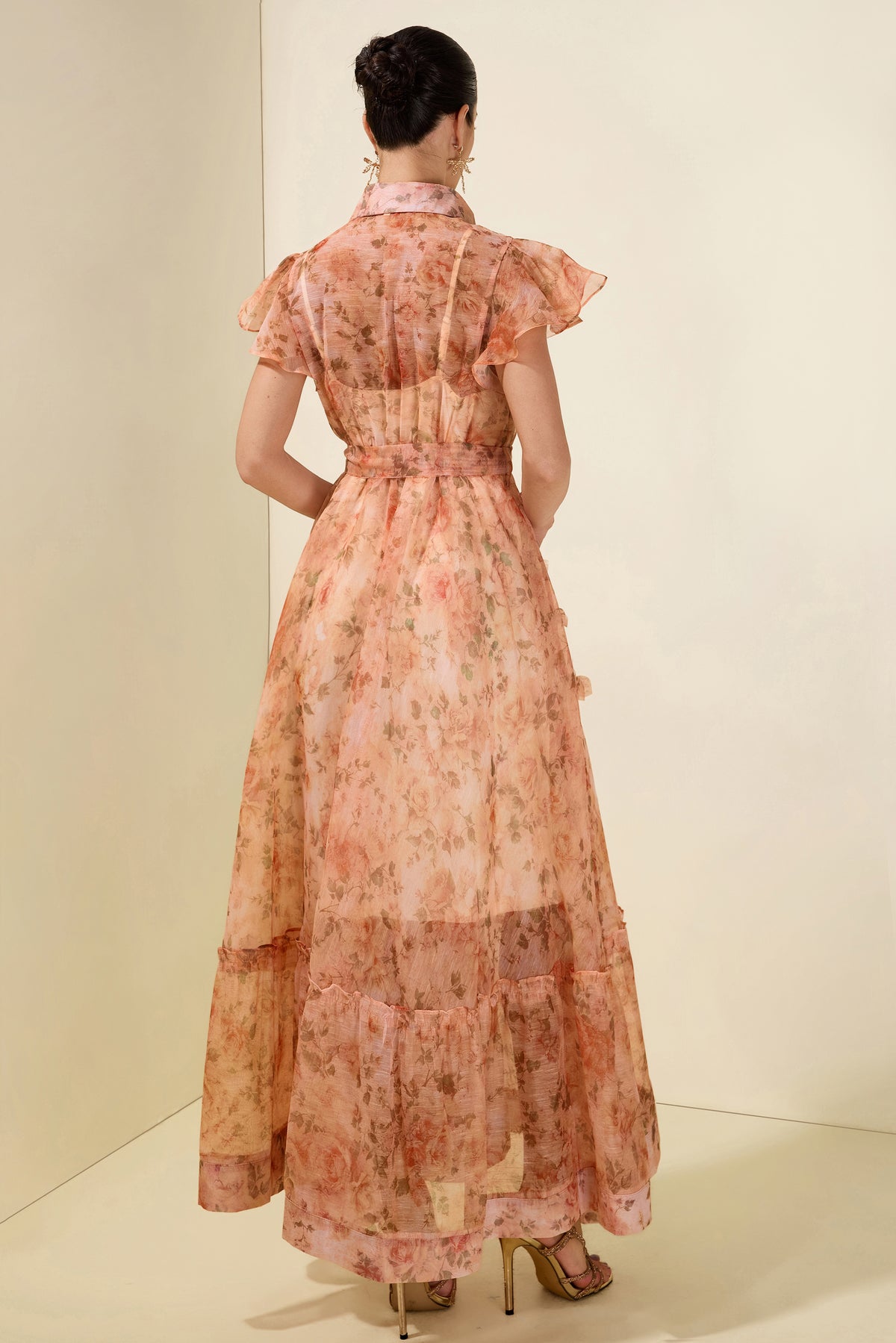 3D Flower Ruffle Button Midi Dress