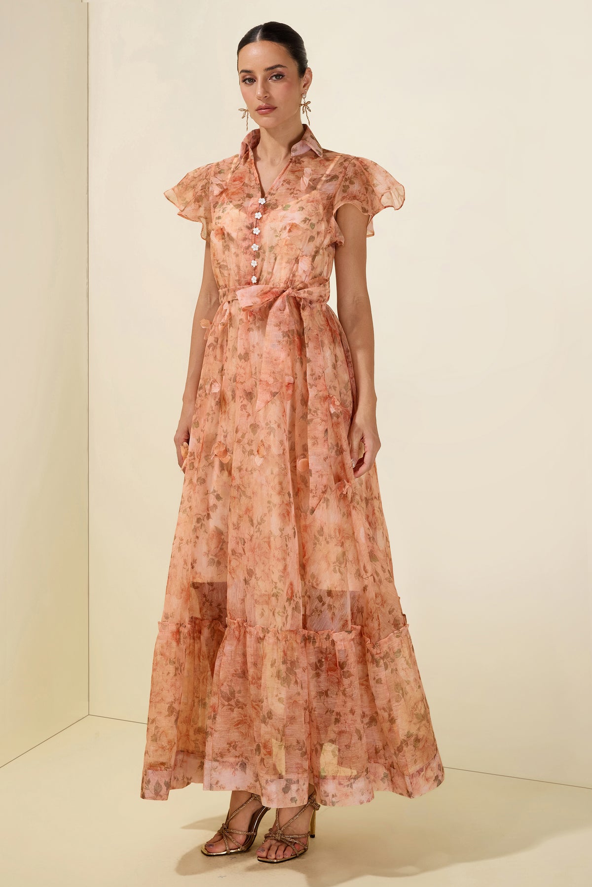 3D Flower Ruffle Button Midi Dress