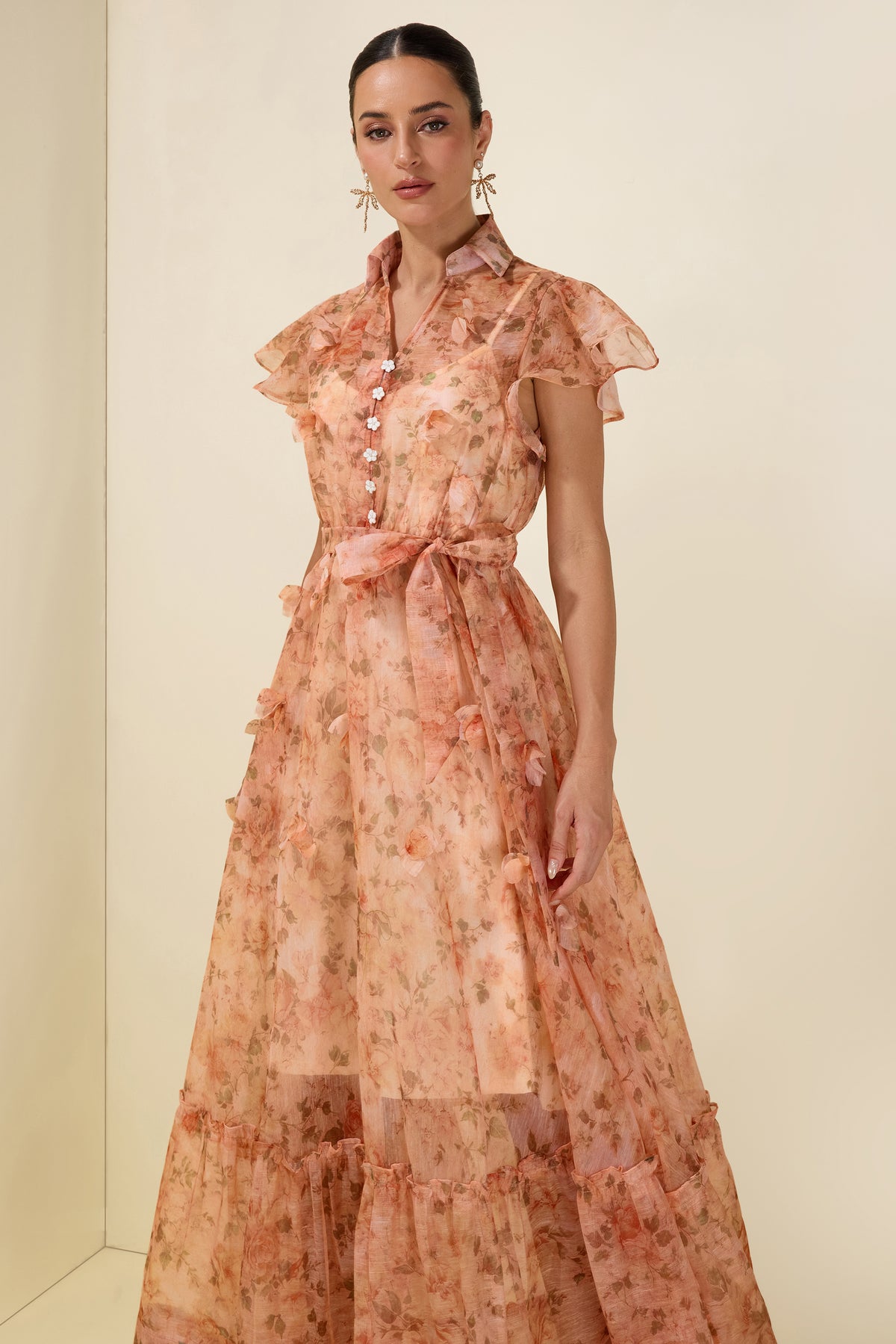 3D Flower Ruffle Button Midi Dress