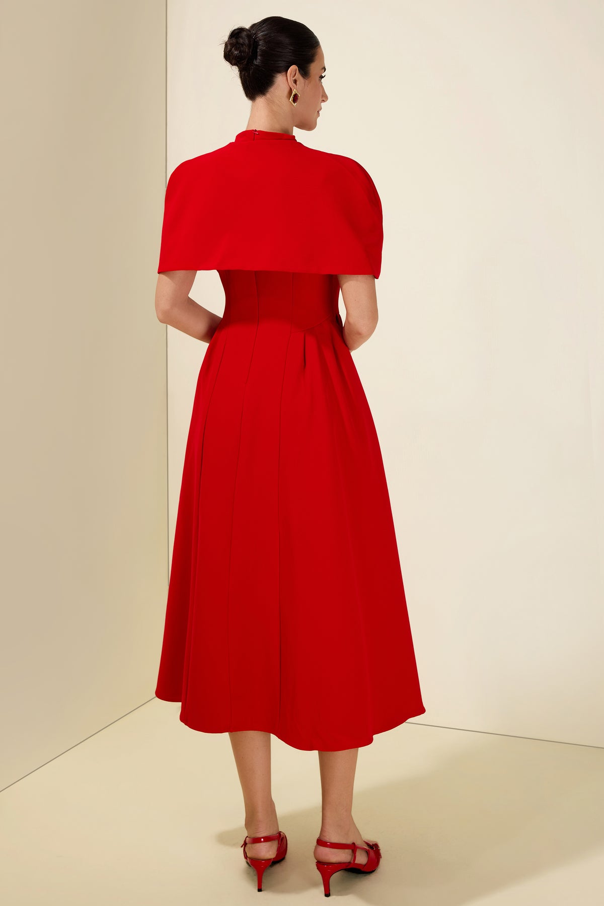 V-Neck Ruched Midi Dress With Cape