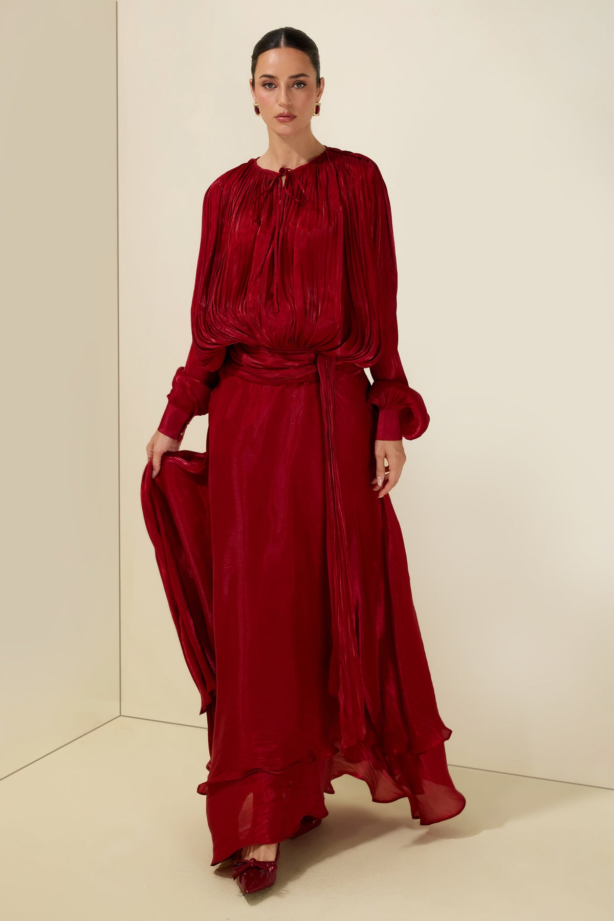 Gathering Long Sleeve Irregular Ruffle Midi Dress