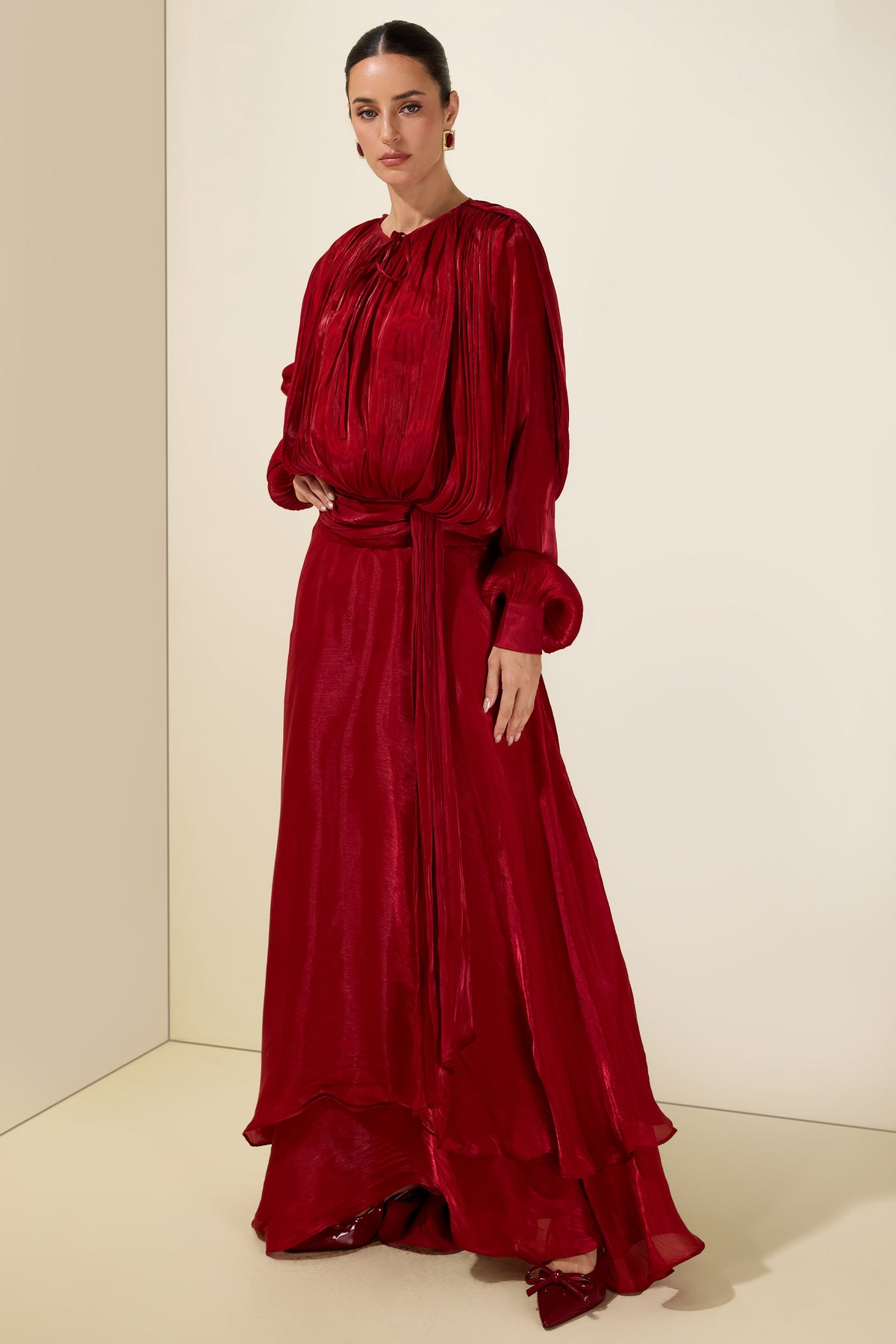 Gathering Long Sleeve Irregular Ruffle Midi Dress