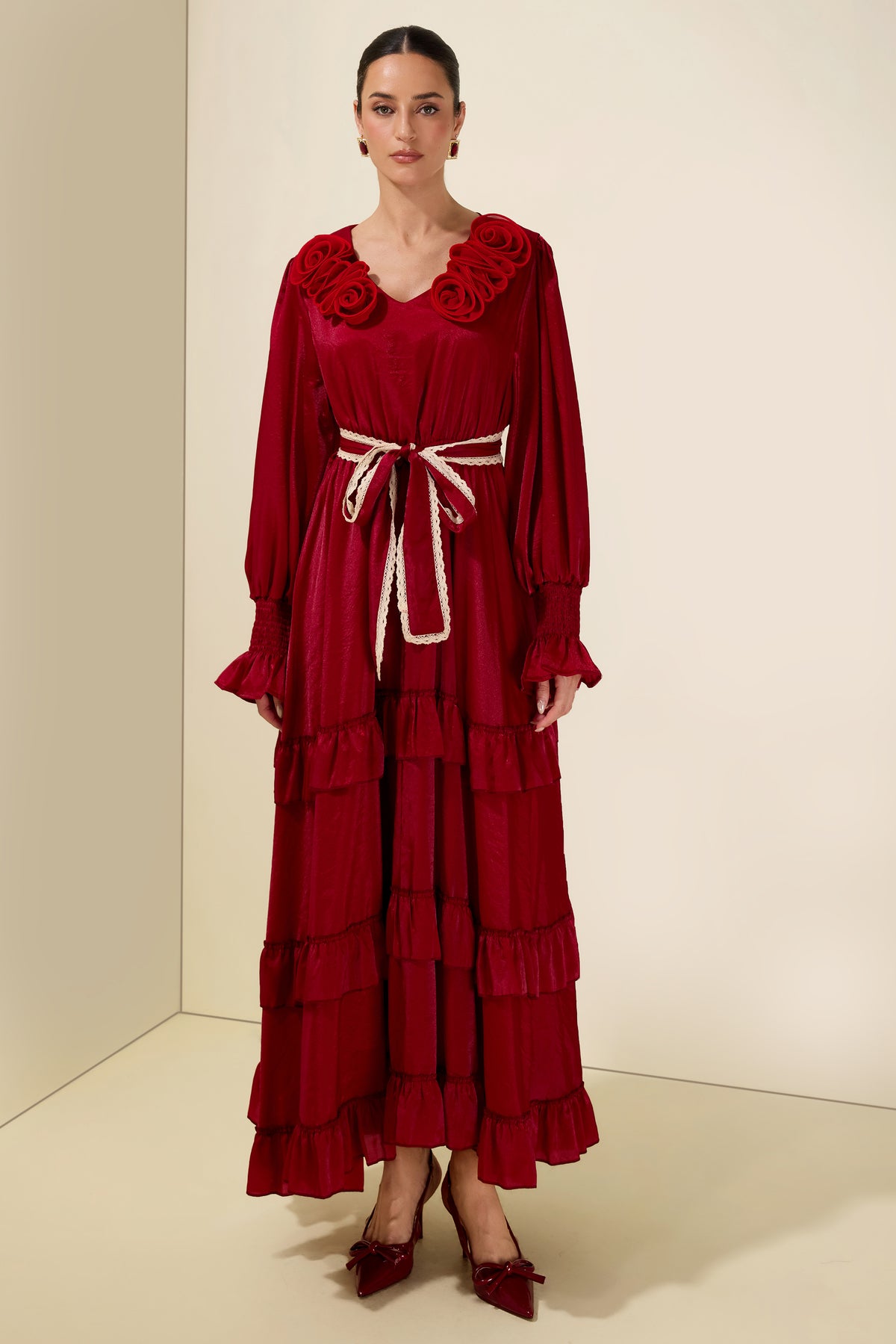 3D Flower V Neck Ruffle Midi Dress