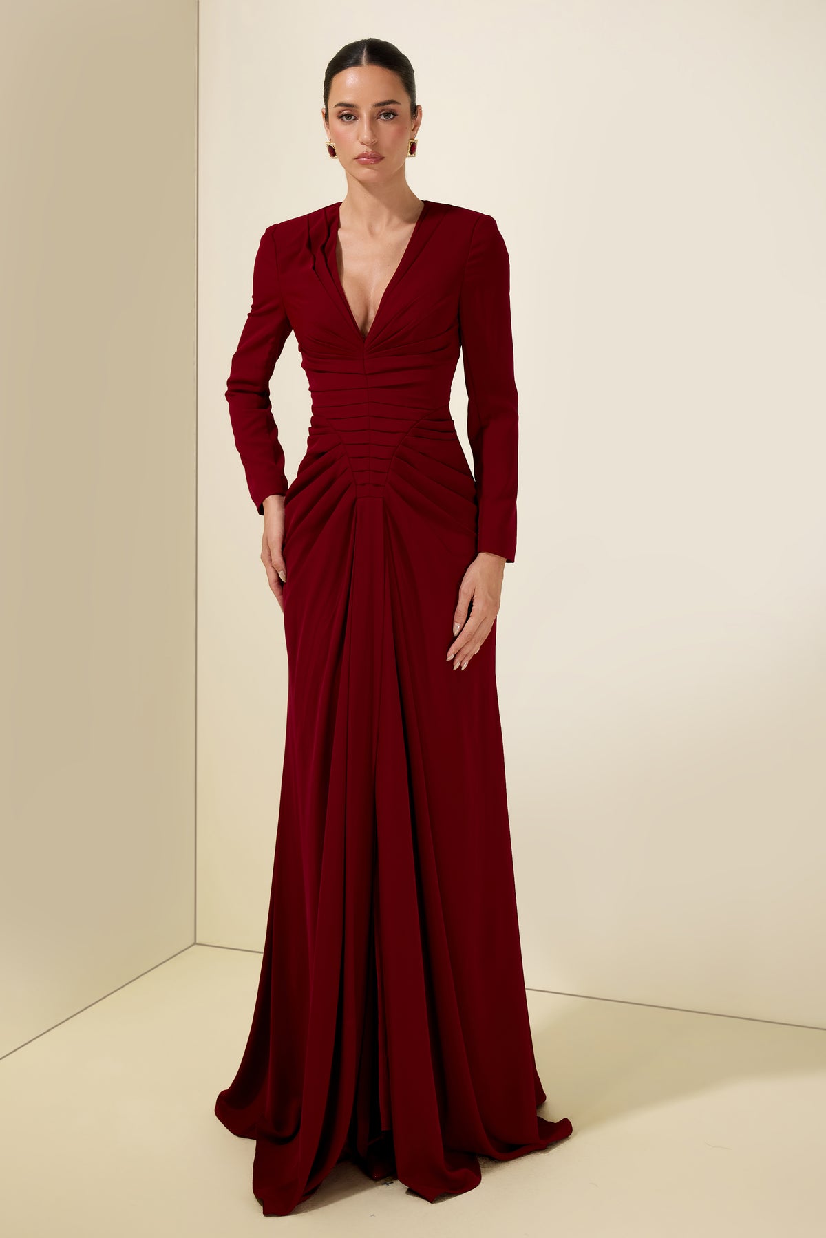 Pleat V Neck Long Sleeve Maxi Dress