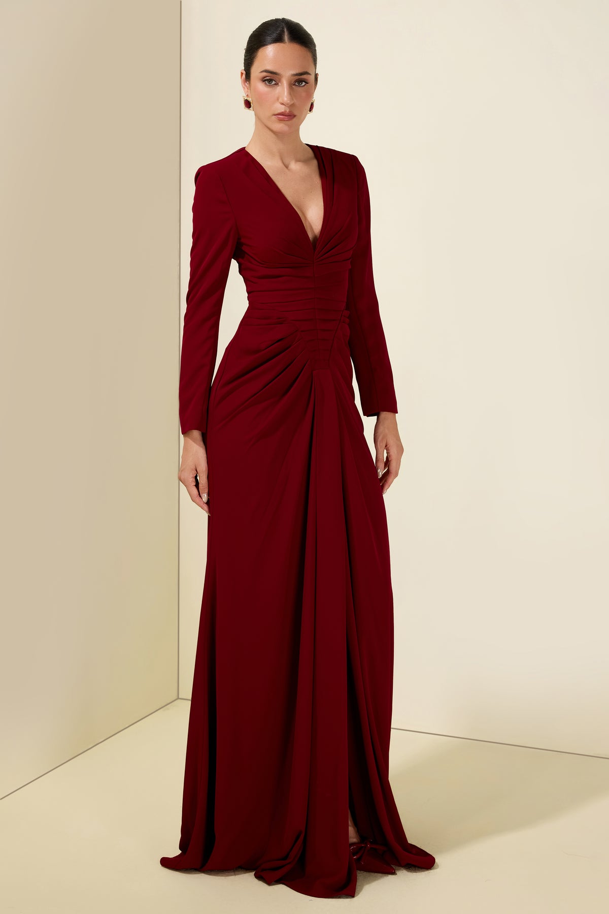 Pleat V Neck Long Sleeve Maxi Dress