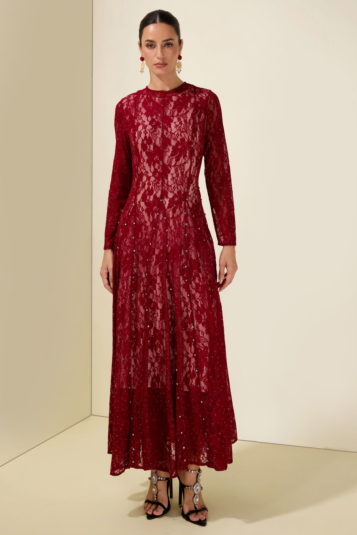 Lace Rhinestone Long Sleeve Midi Dress