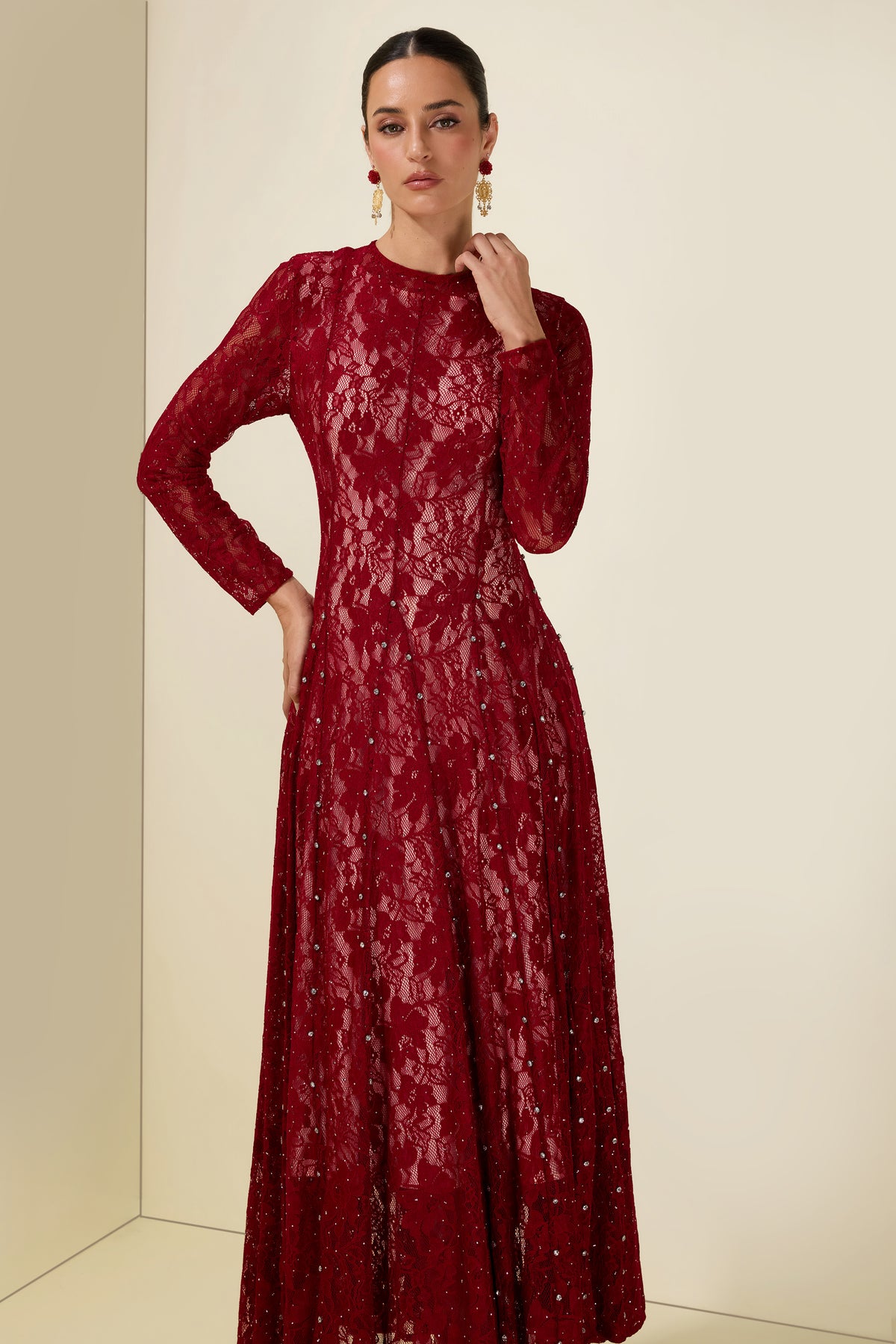 Lace Rhinestone Long Sleeve Midi Dress