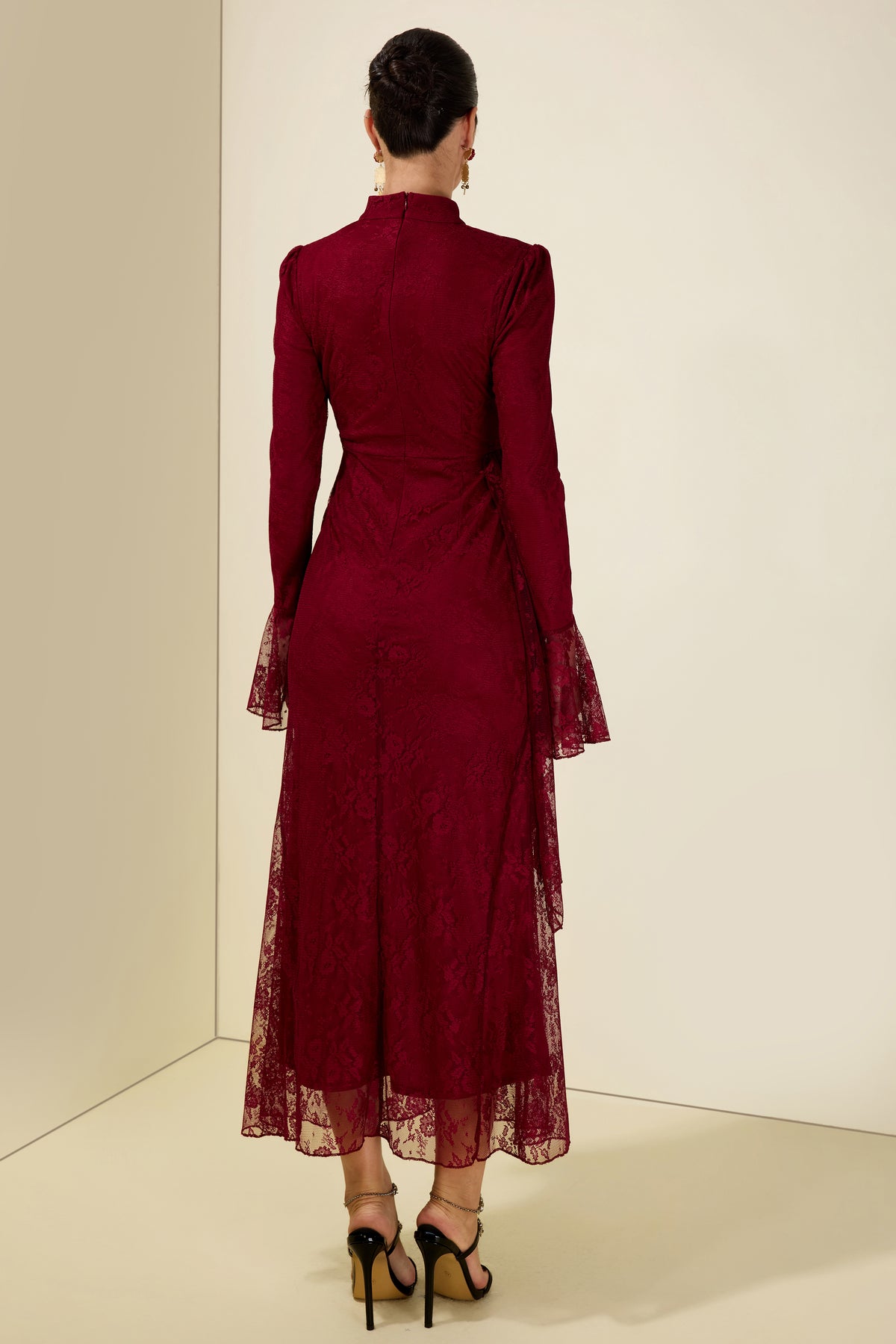 Lace Ruched Bell Sleeve Midi Dress