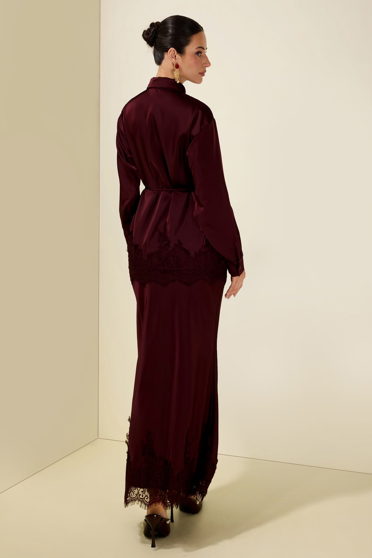Satin Lace Blouse & Midi Skirt Set