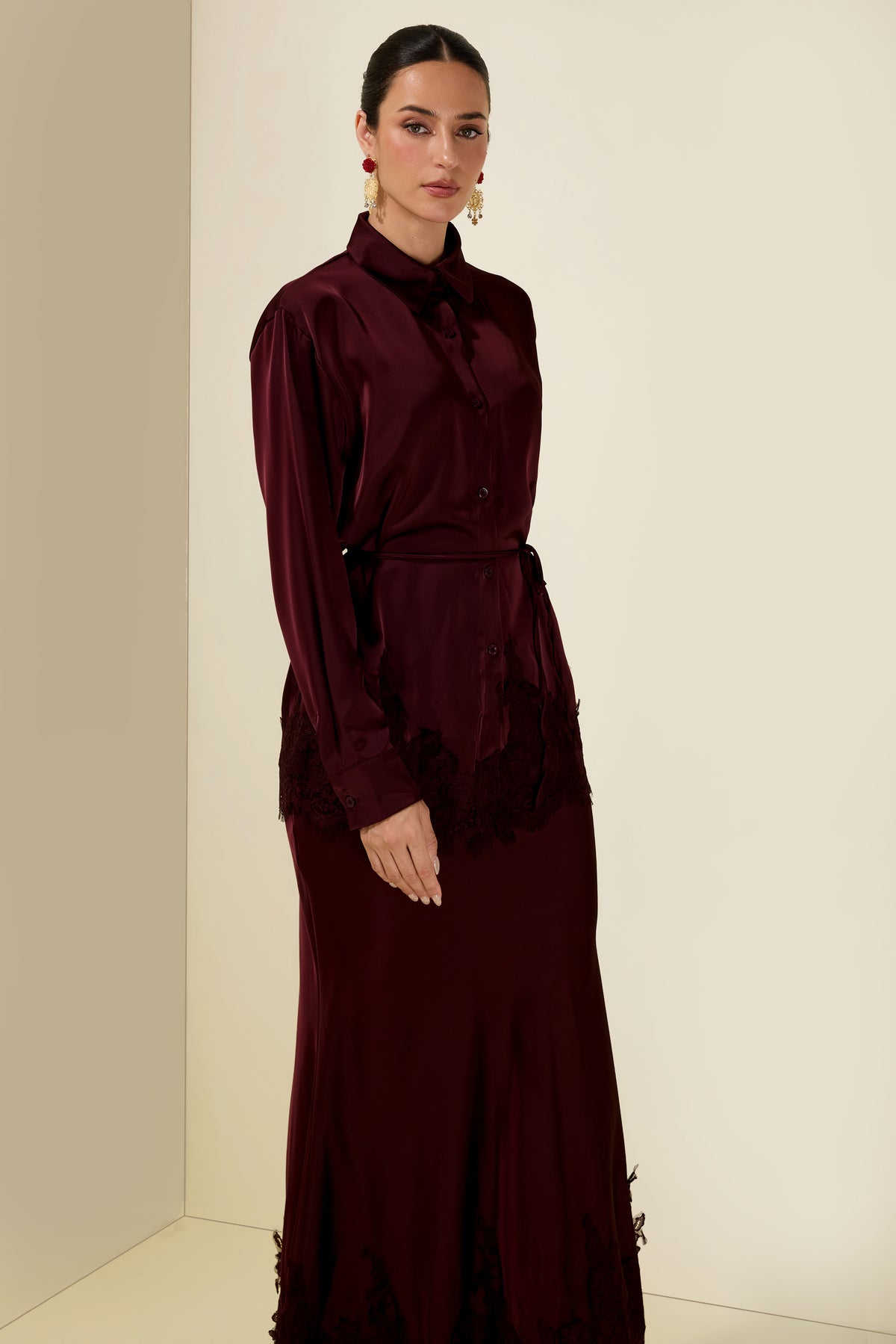 Satin Lace Blouse & Midi Skirt Set
