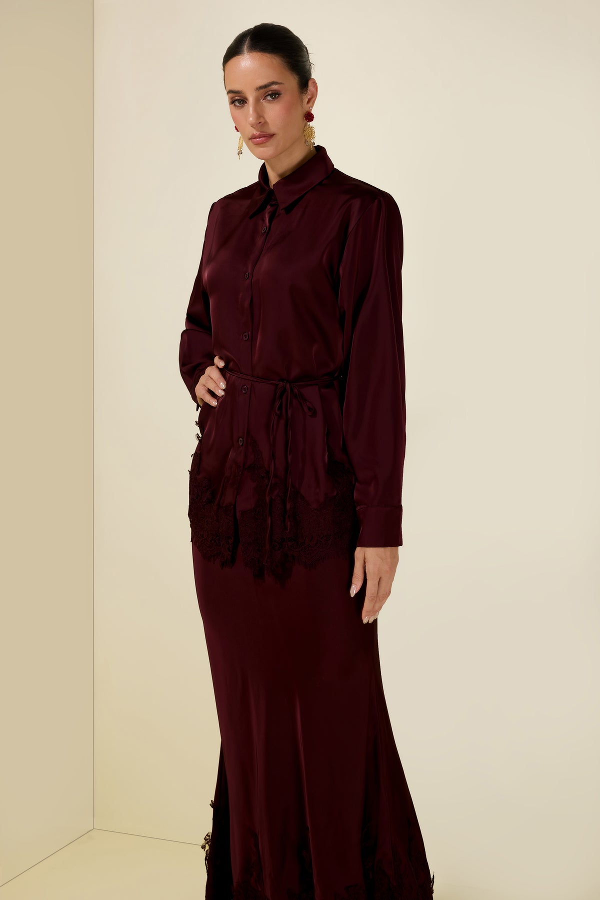 Satin Lace Blouse & Midi Skirt Set