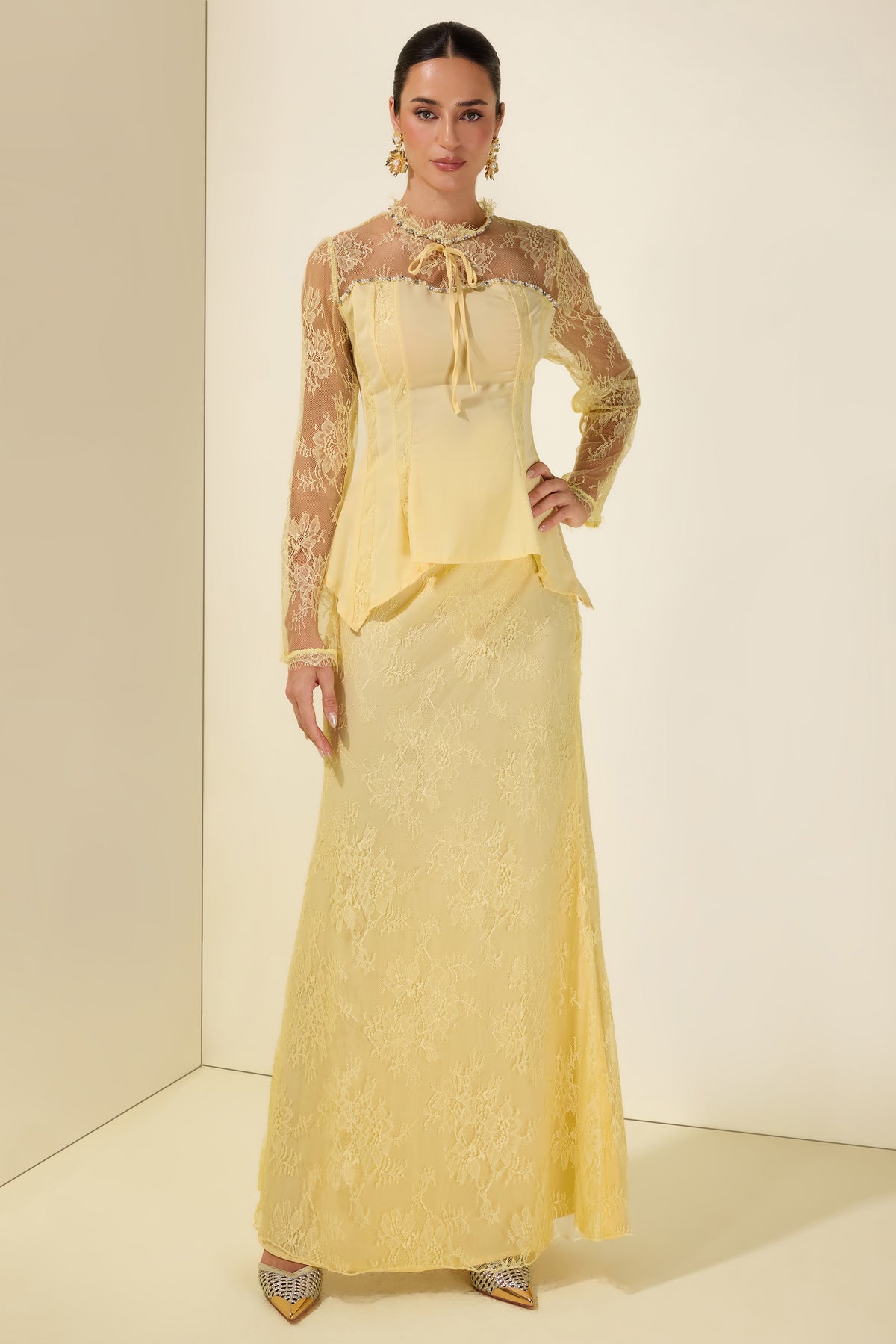 Lace Rhinestone Rivets Top & High Waist Midi Skirt Set