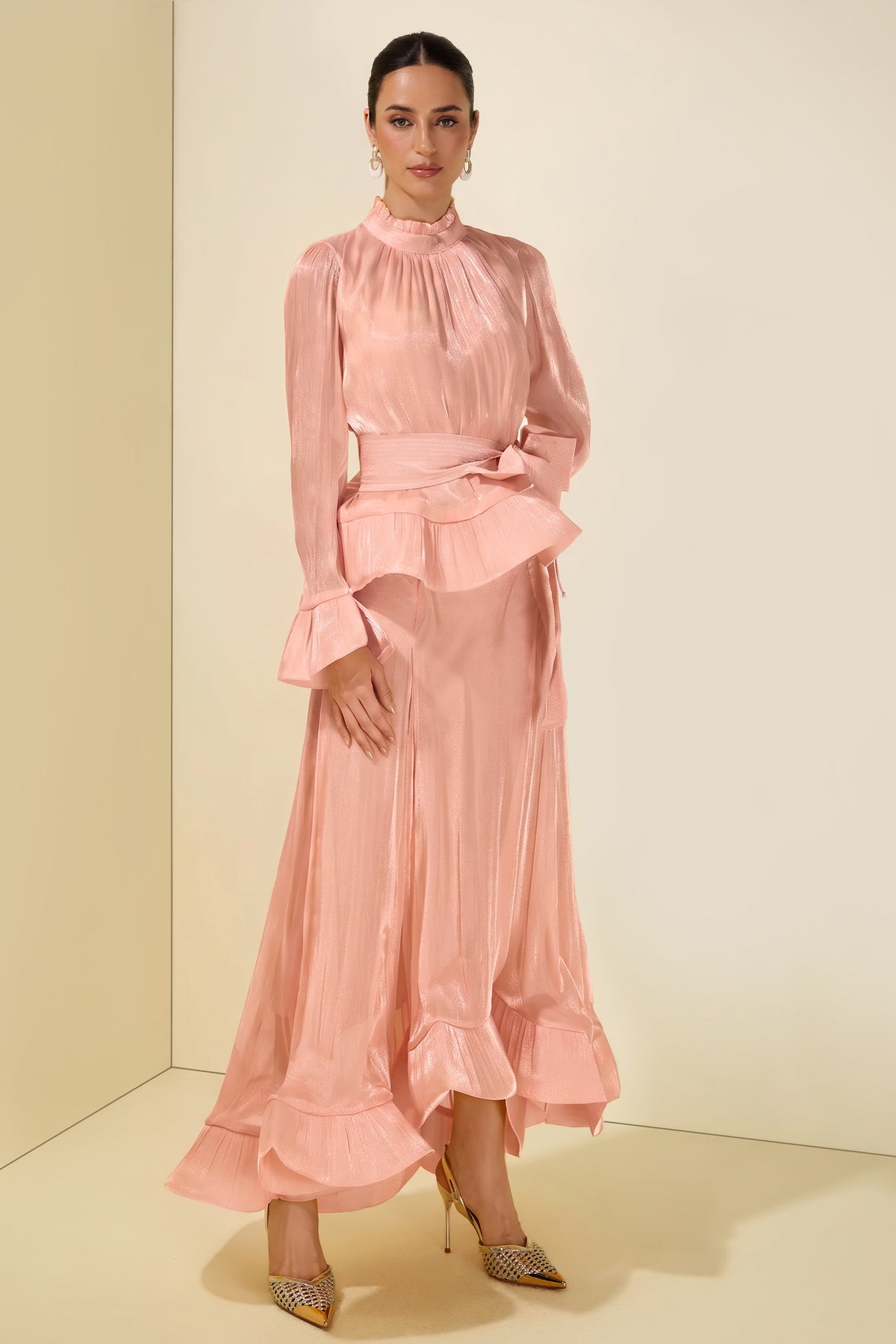 Ruffle Solid Top & High Waist Midi Skirt Set