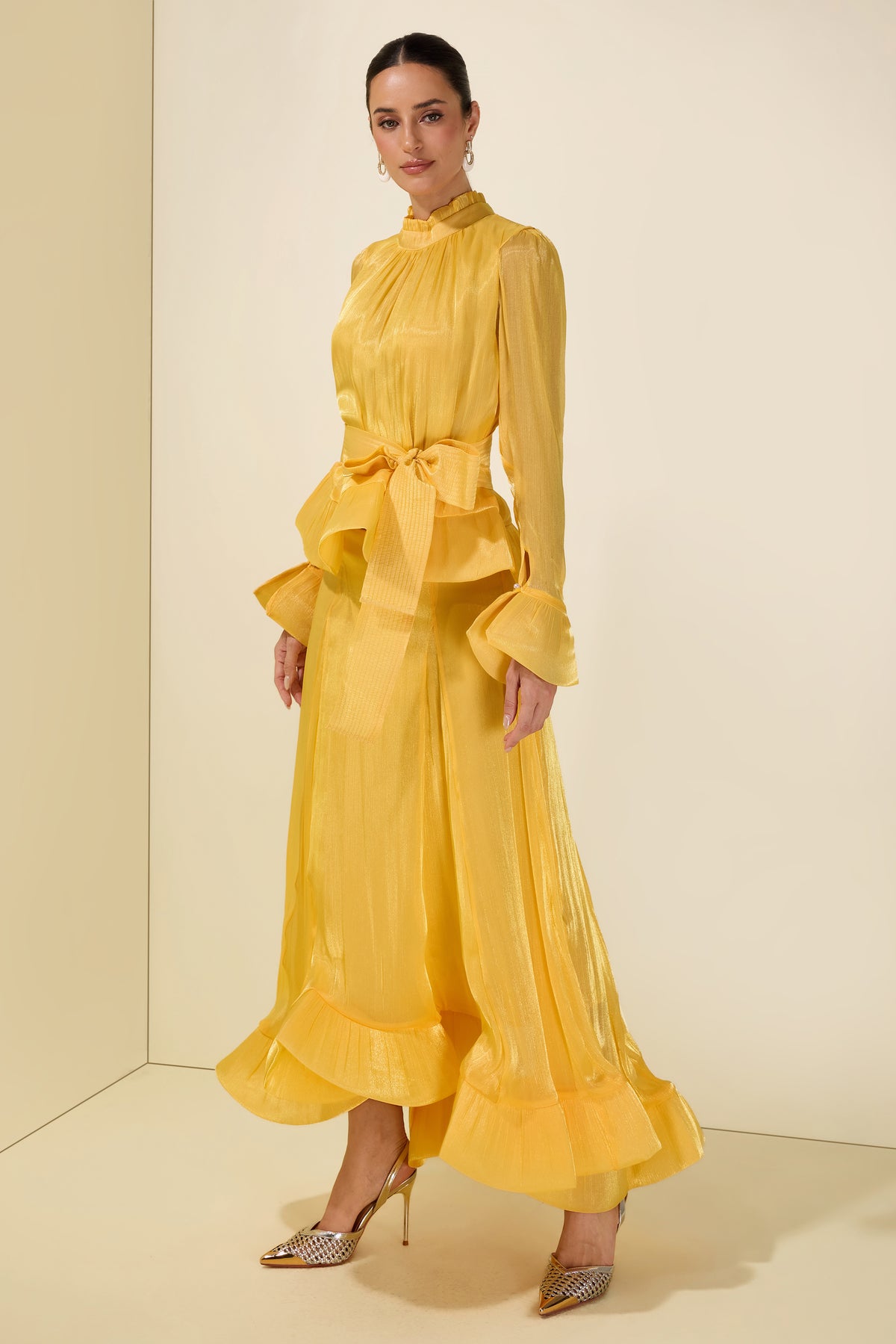 Ruffle Solid Top & High Waist Midi Skirt Set