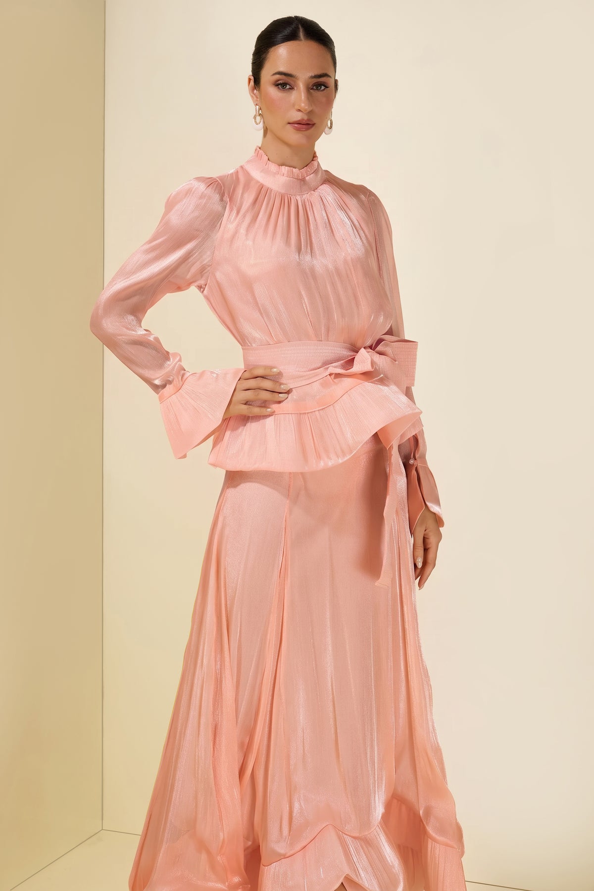 Ruffle Solid Top & High Waist Midi Skirt Set