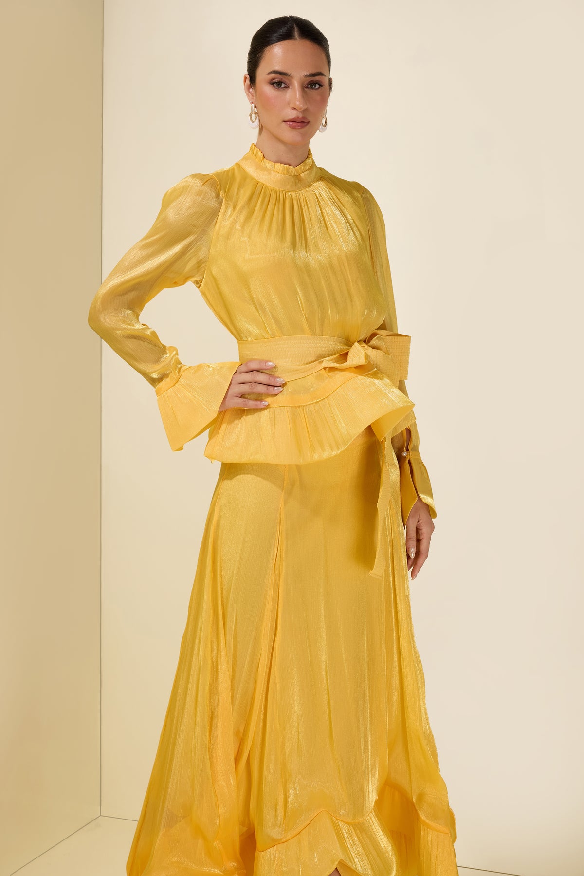 Ruffle Solid Top & High Waist Midi Skirt Set