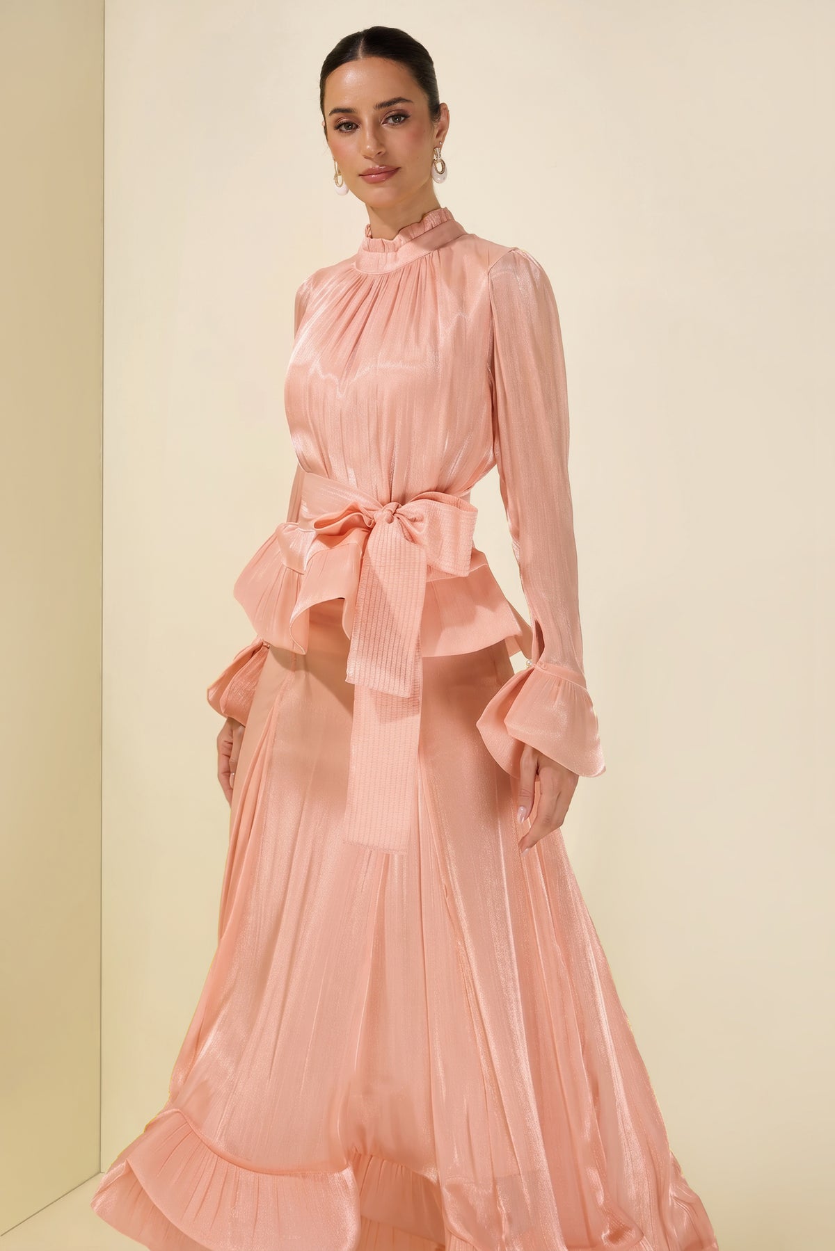 Ruffle Solid Top & High Waist Midi Skirt Set