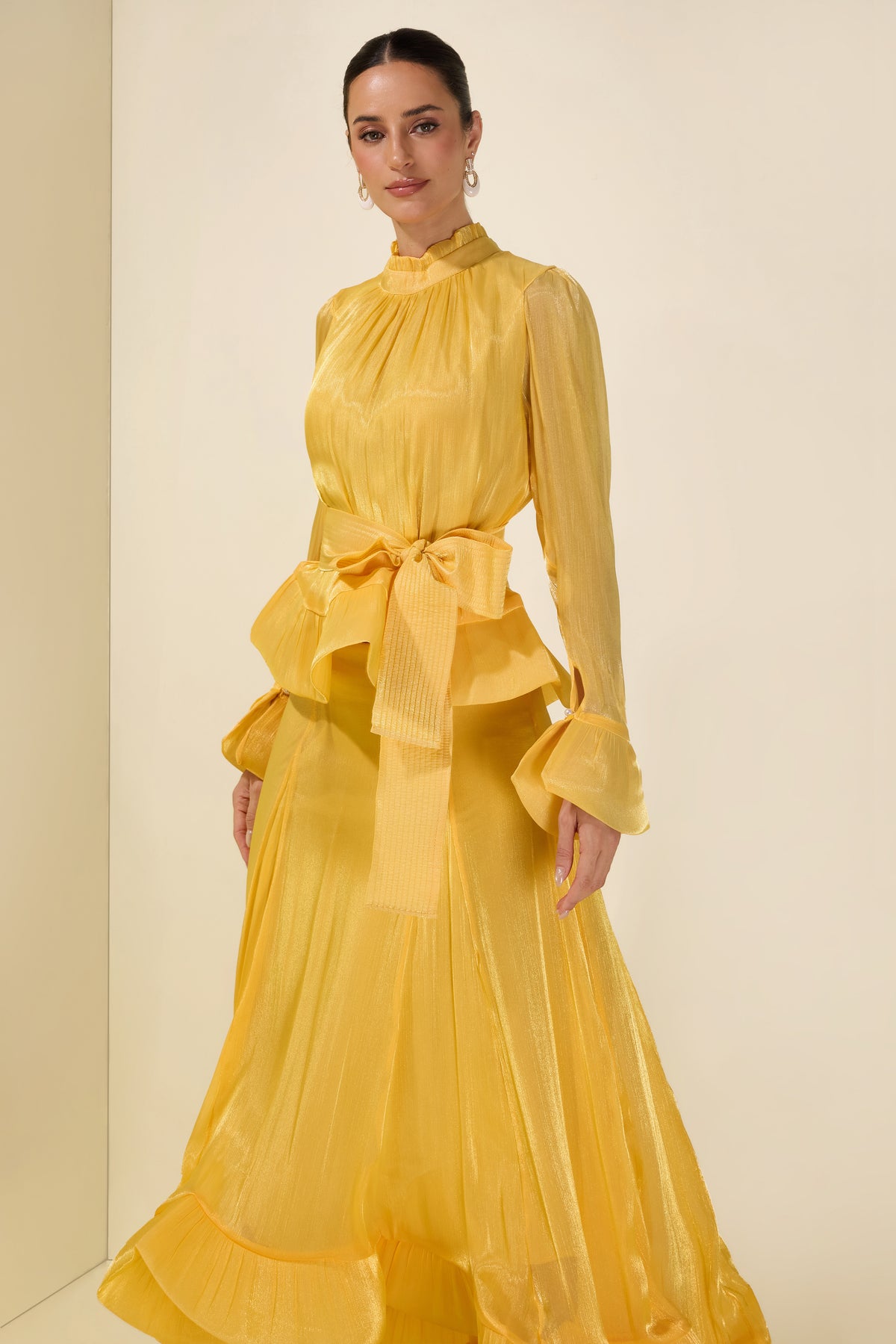 Ruffle Solid Top & High Waist Midi Skirt Set