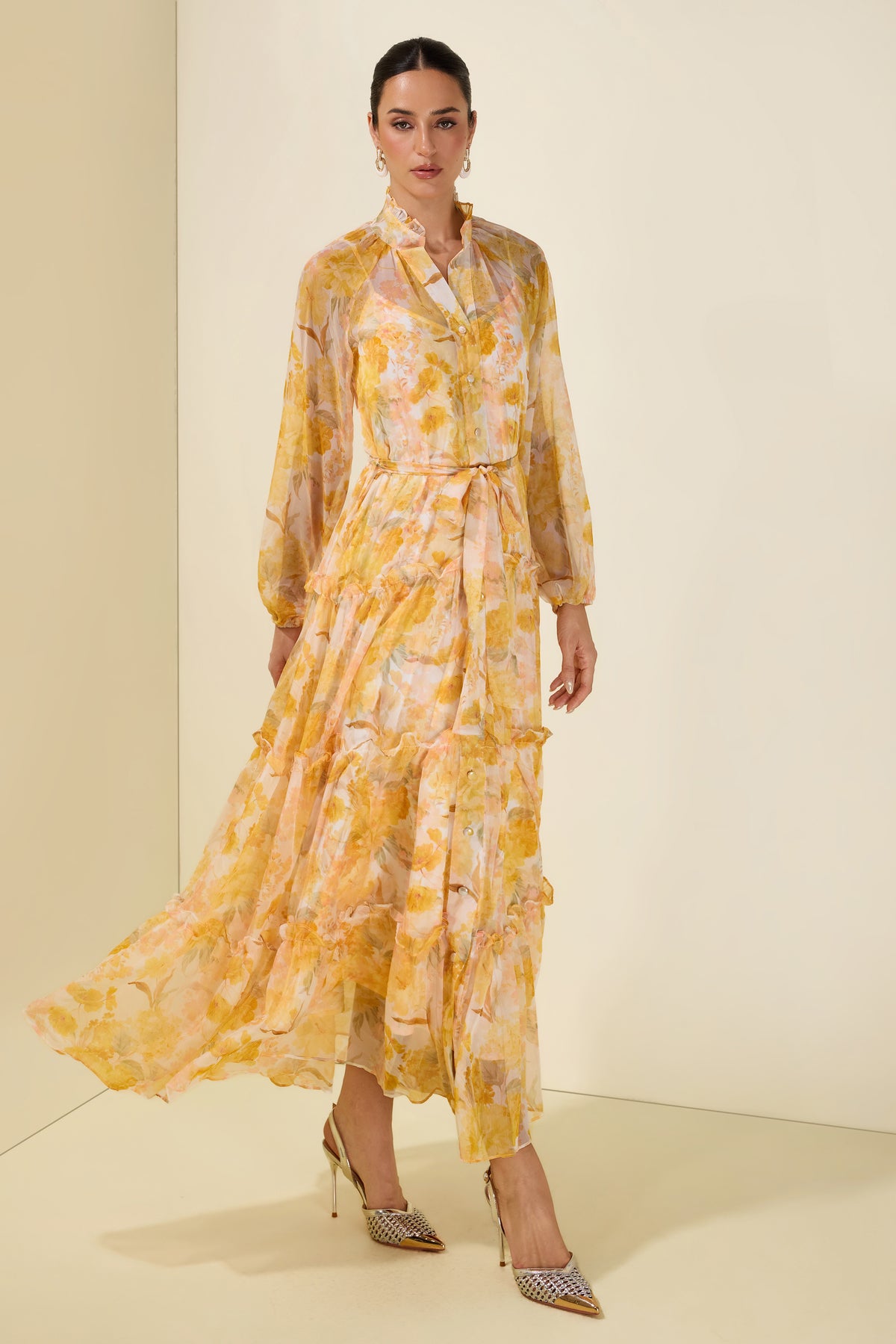 Floral Frill Single Breasted Midi Dress