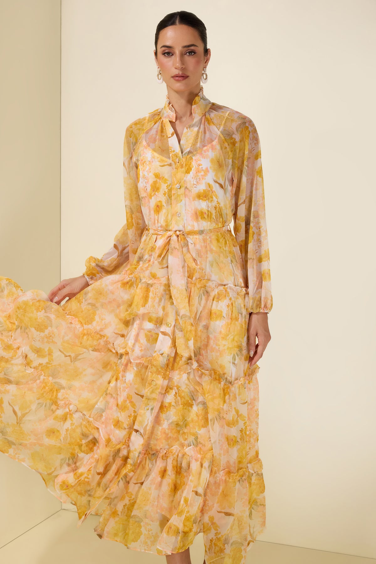 Floral Frill Single Breasted Midi Dress