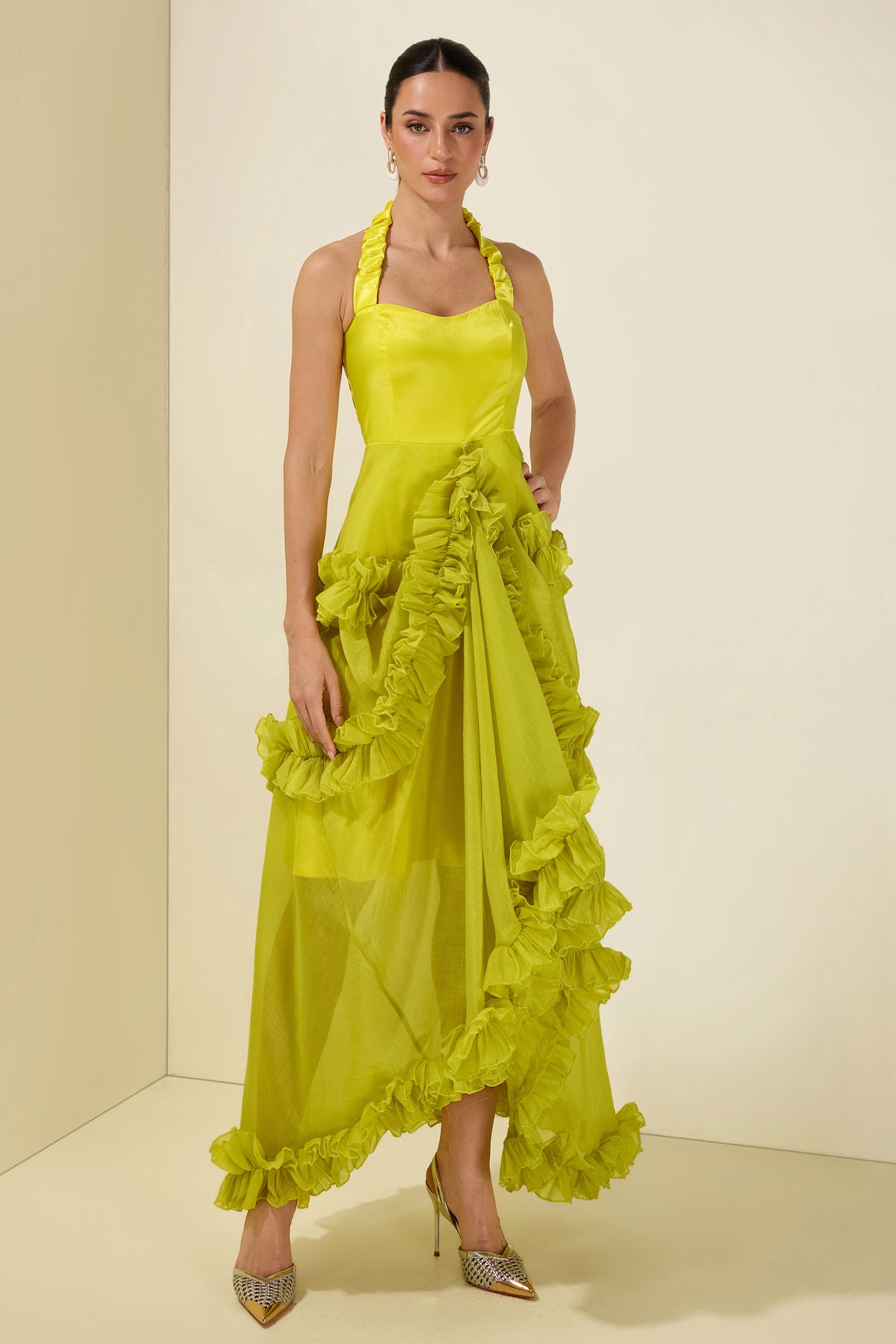 Satin Frill Halter Neck Midi Dress