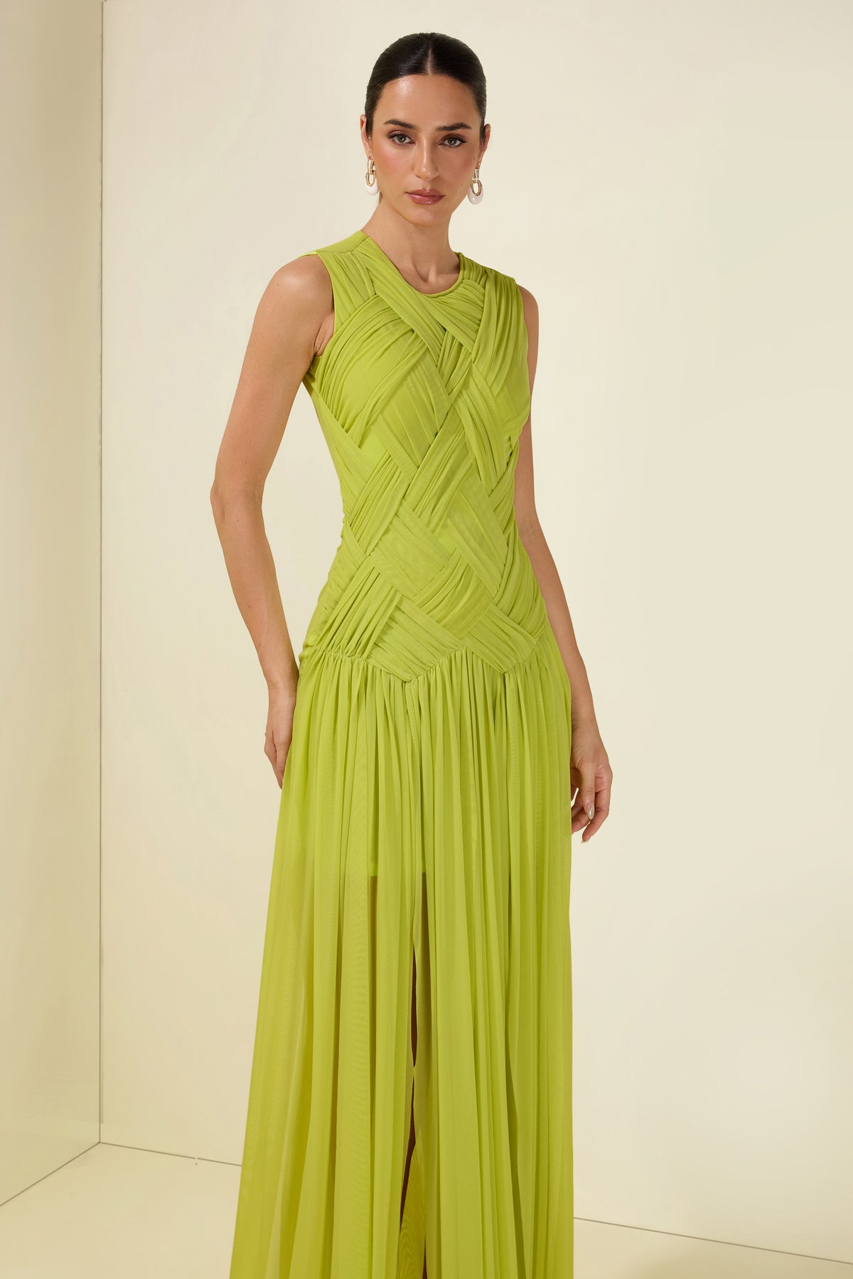 Ruched Solid Sleeveless Maxi Dress