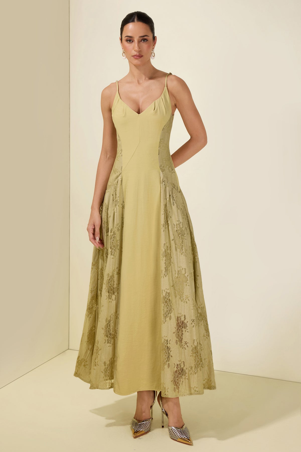 V Neck Pleat A Line Strap Slip Midi Dress