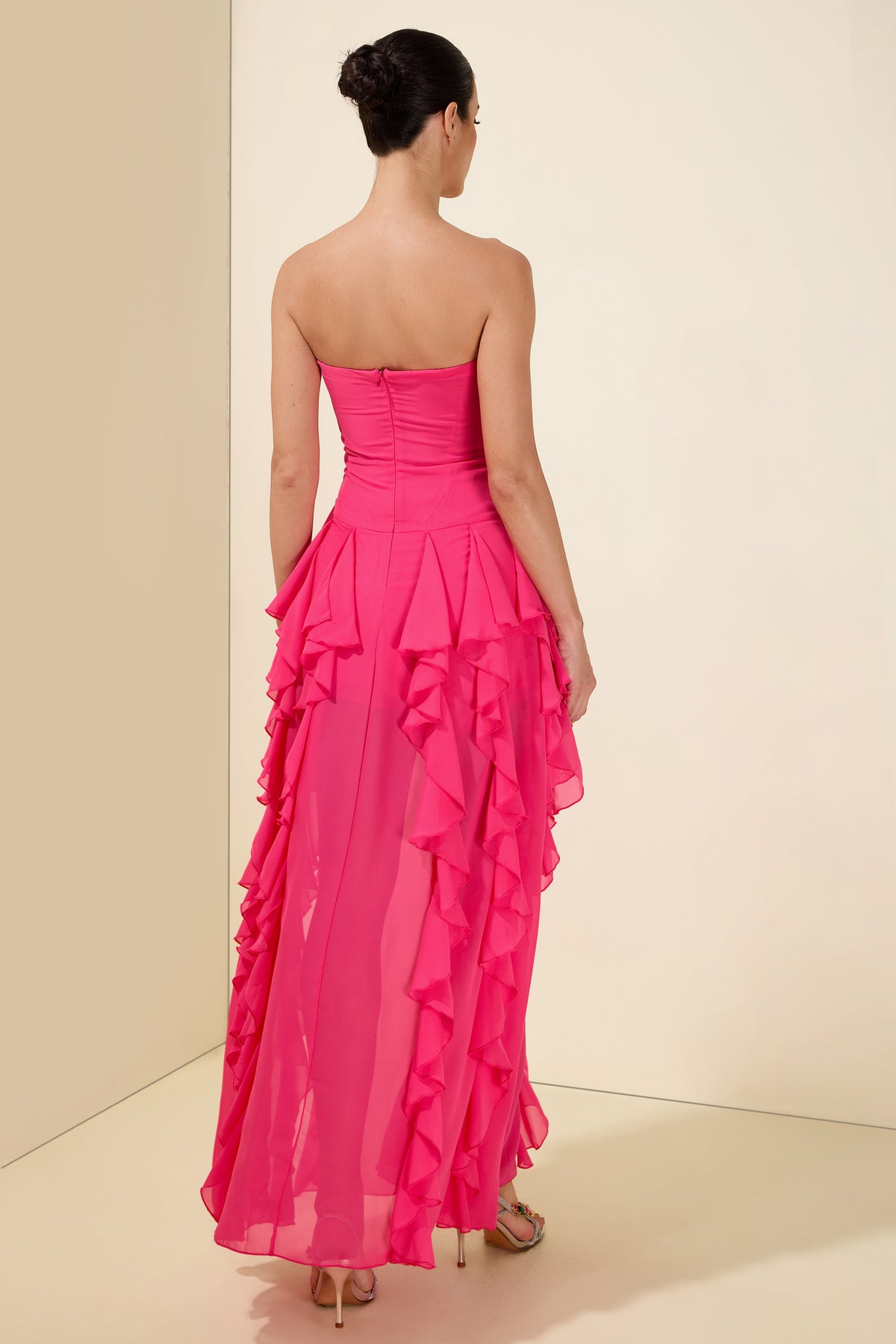 Pleated Frill Strapless Midi Dress