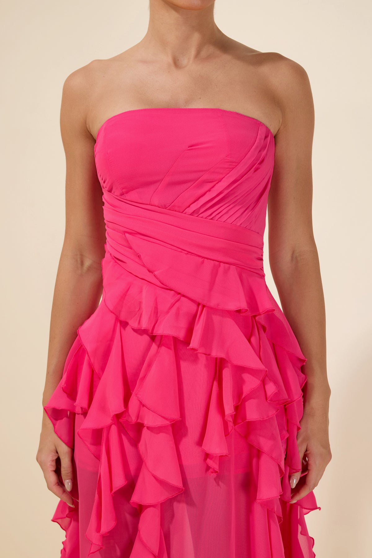 Pleated Frill Strapless Midi Dress