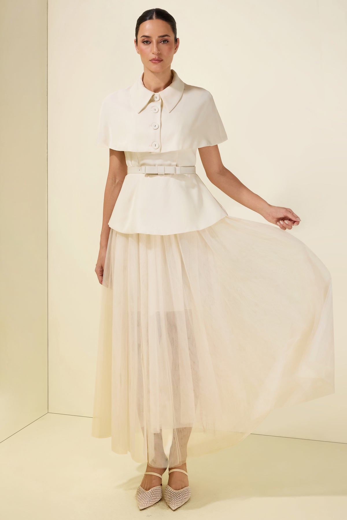 Cloak Sleeveless With Belt Capelet Midi Dress