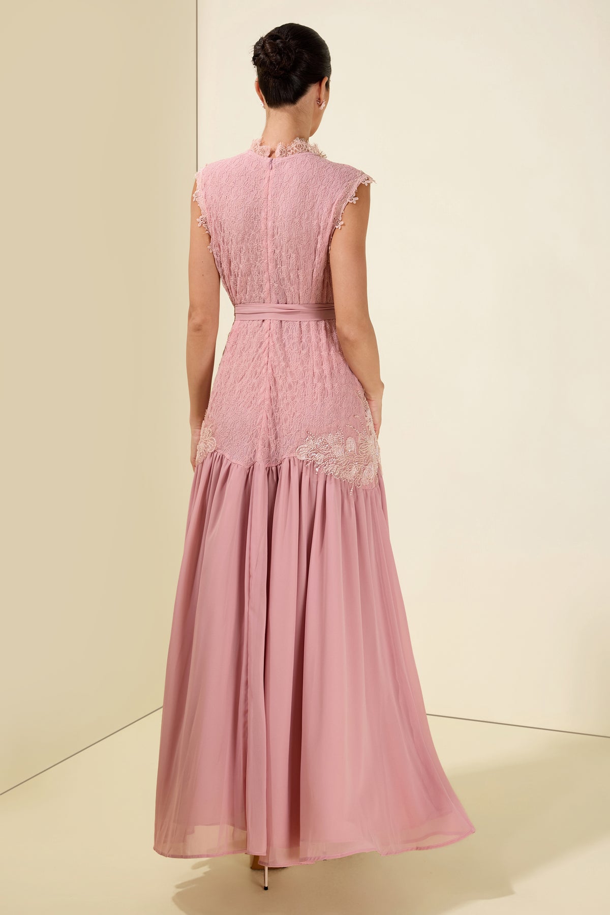 Lace Floral Sleeveless With Belt Midi Dress