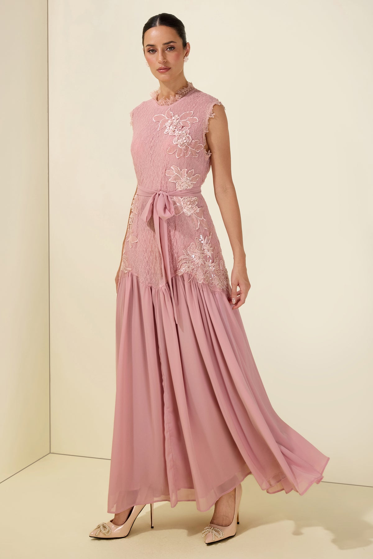 Lace Floral Sleeveless With Belt Midi Dress