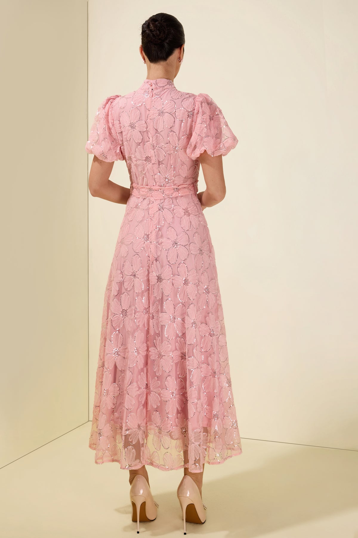 Embroidery Stand Collar Puff Sleeve With Belt Midi Dress