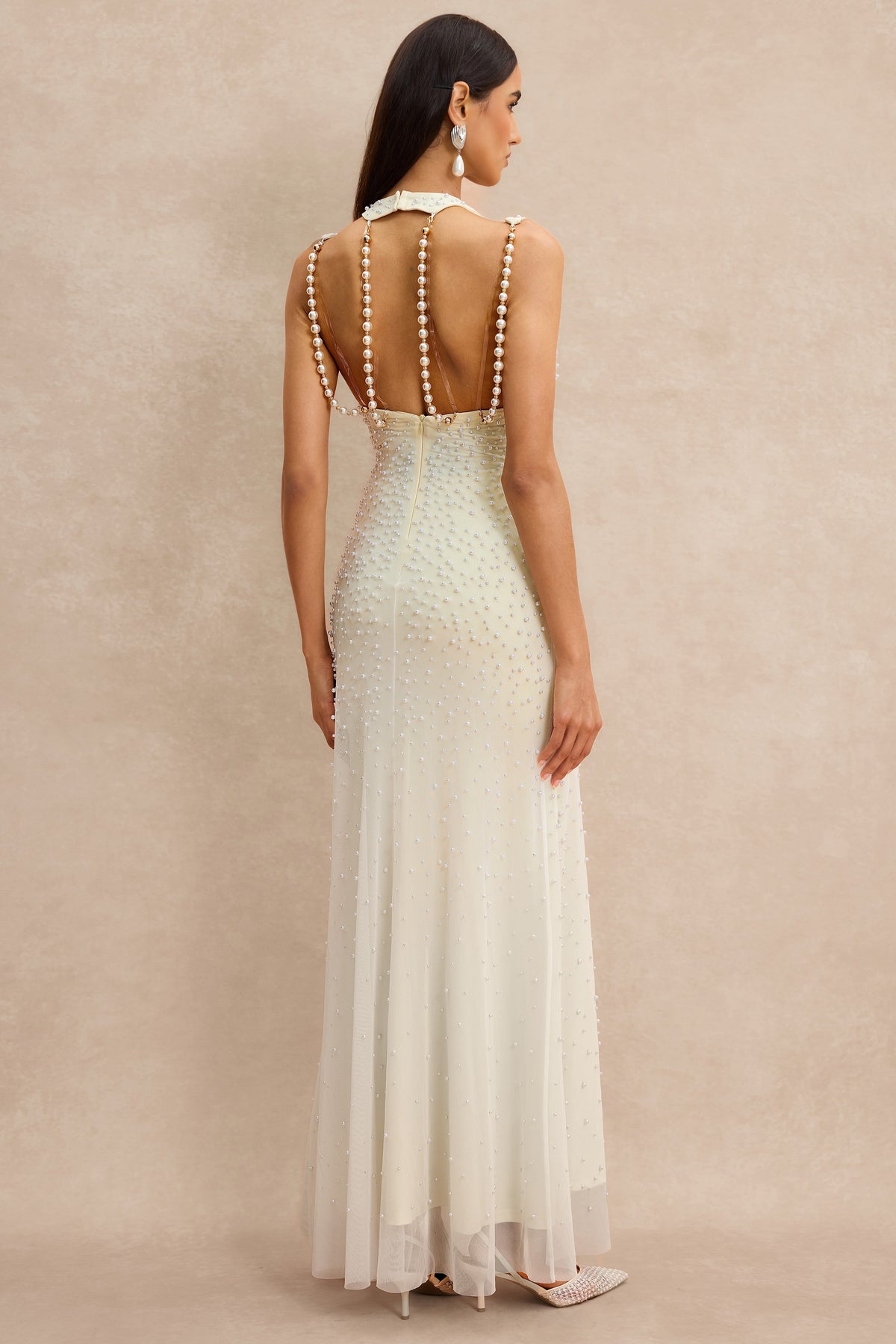 Halter Neck Pearl Backless Maxi Dress