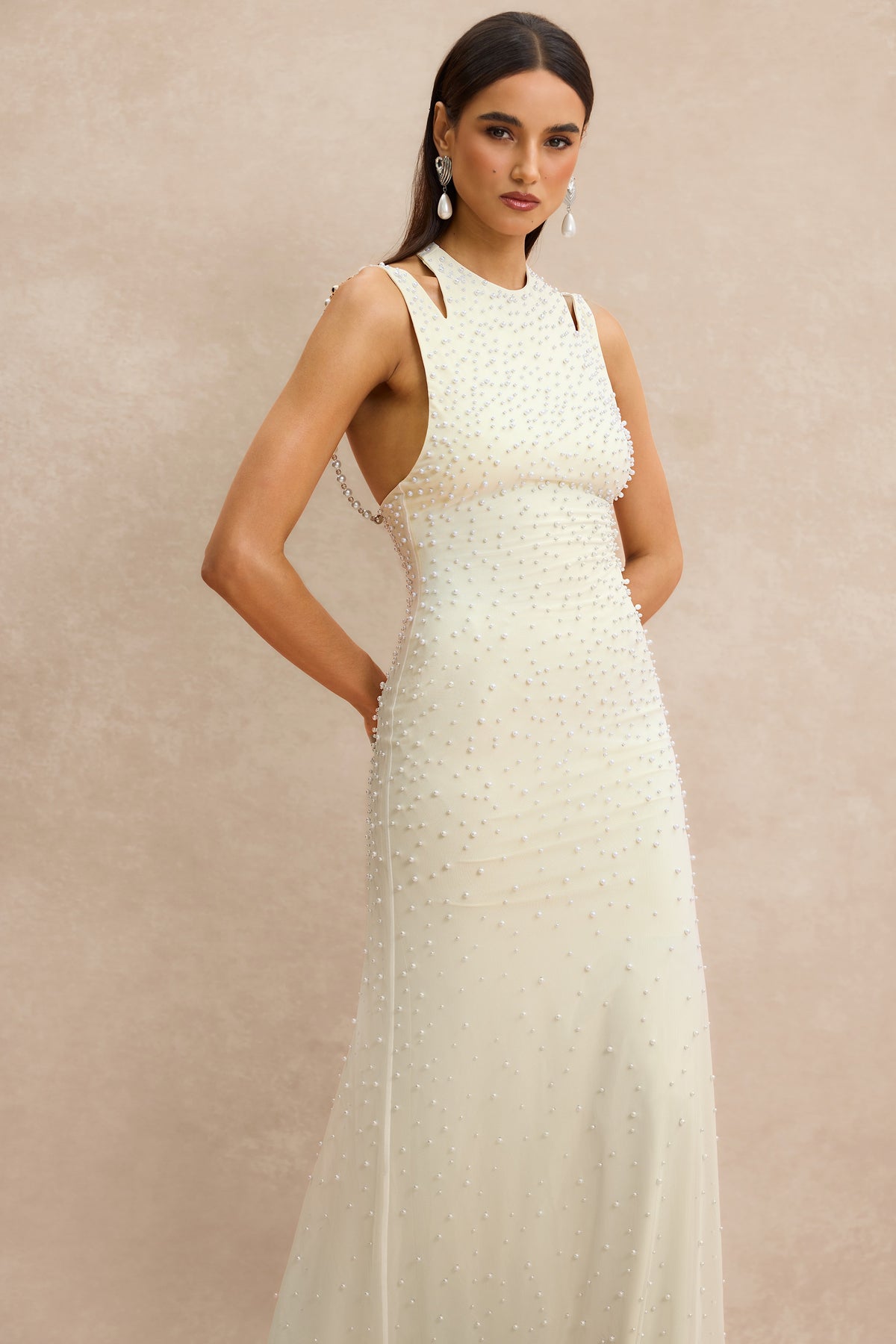 Halter Neck Pearl Backless Maxi Dress