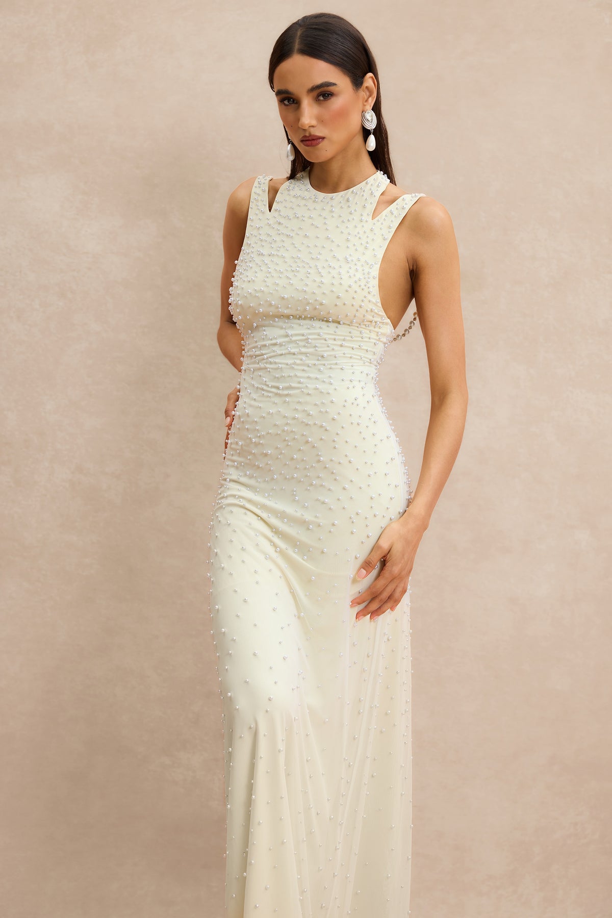 Halter Neck Pearl Backless Maxi Dress