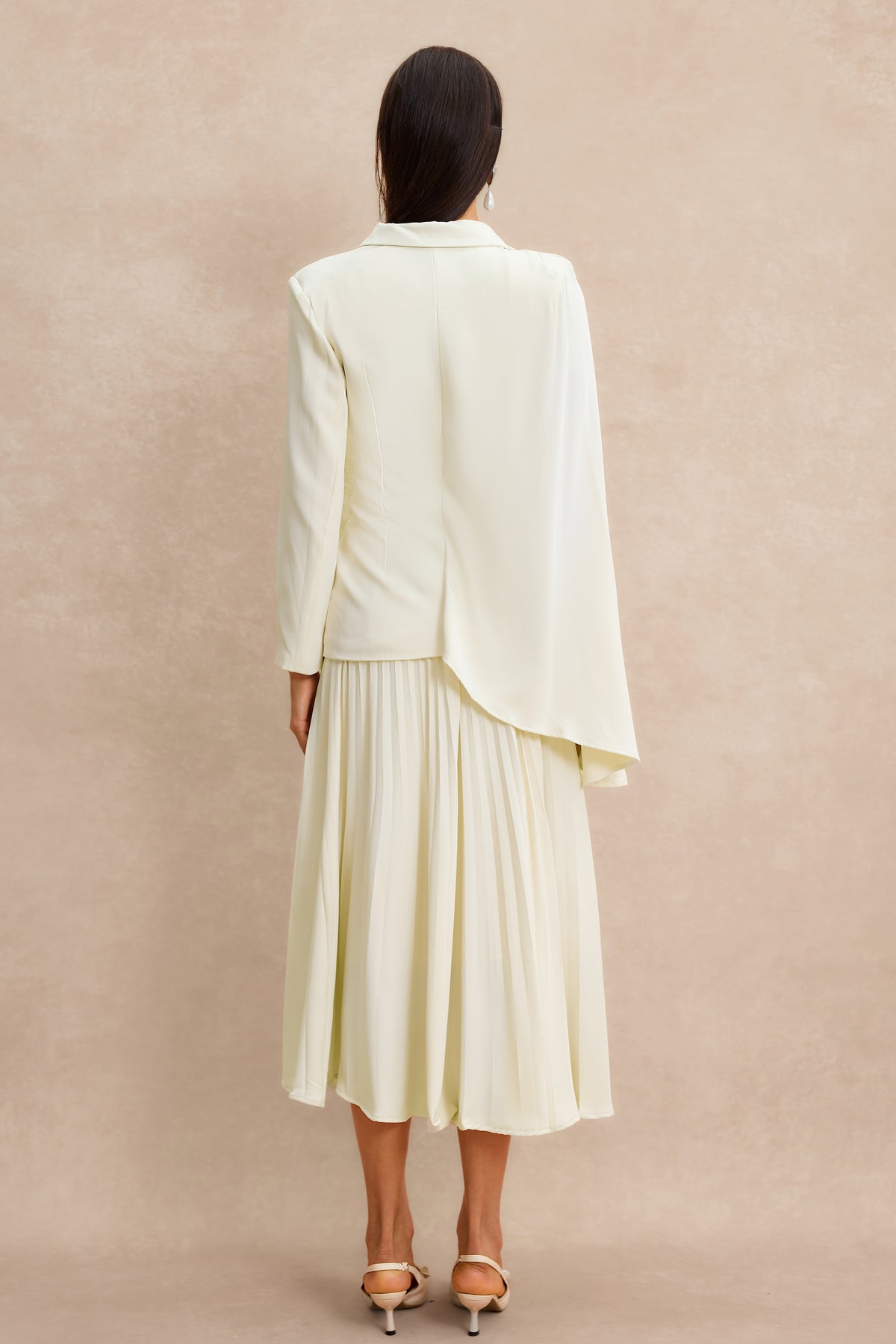 Metal Button Asymmetrical Sleeve Blazer & Midi Skirt Set