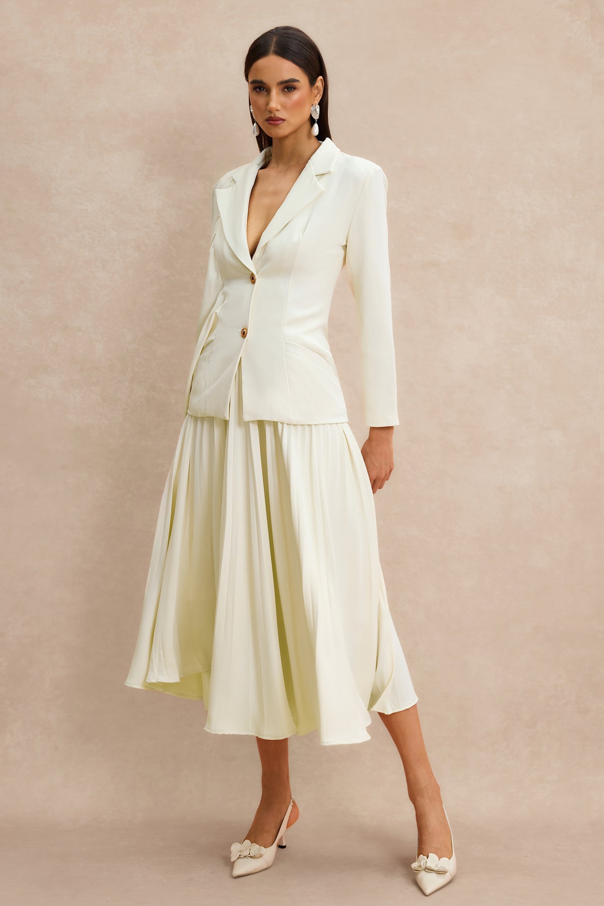 Metal Button Asymmetrical Sleeve Blazer & Midi Skirt Set