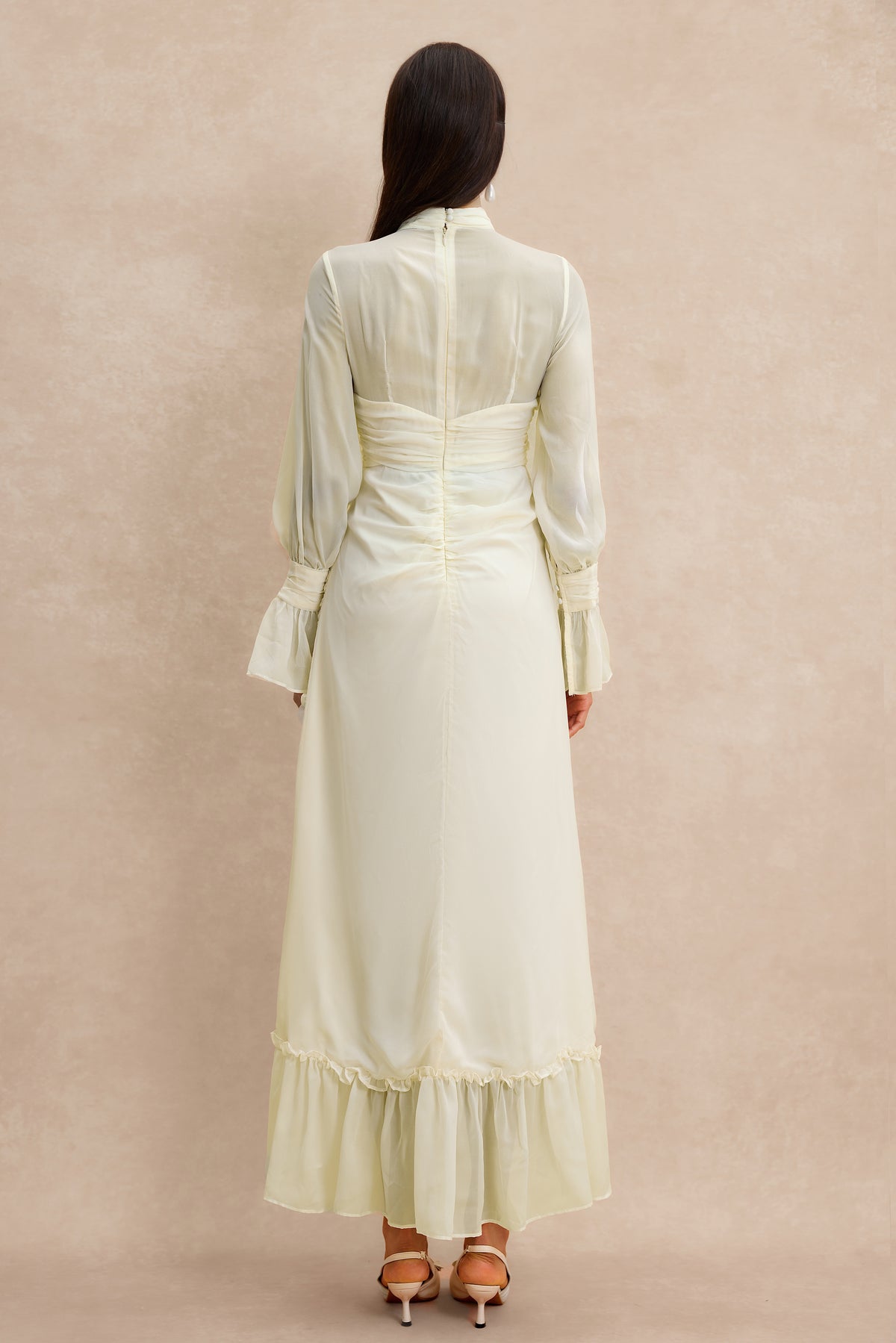 Stand Collar Ruffle Gathering Midi Dress